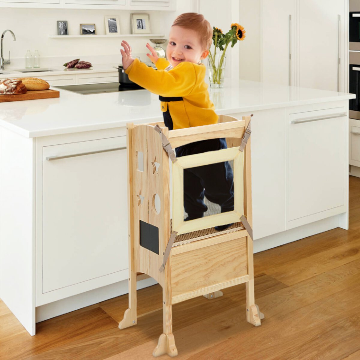 Kids Step Stool，Toodler Kitchen Stool Helper for Kitchen,Toddlers Folding Tower for Kids 2-6years Helper,Nature COMOMY