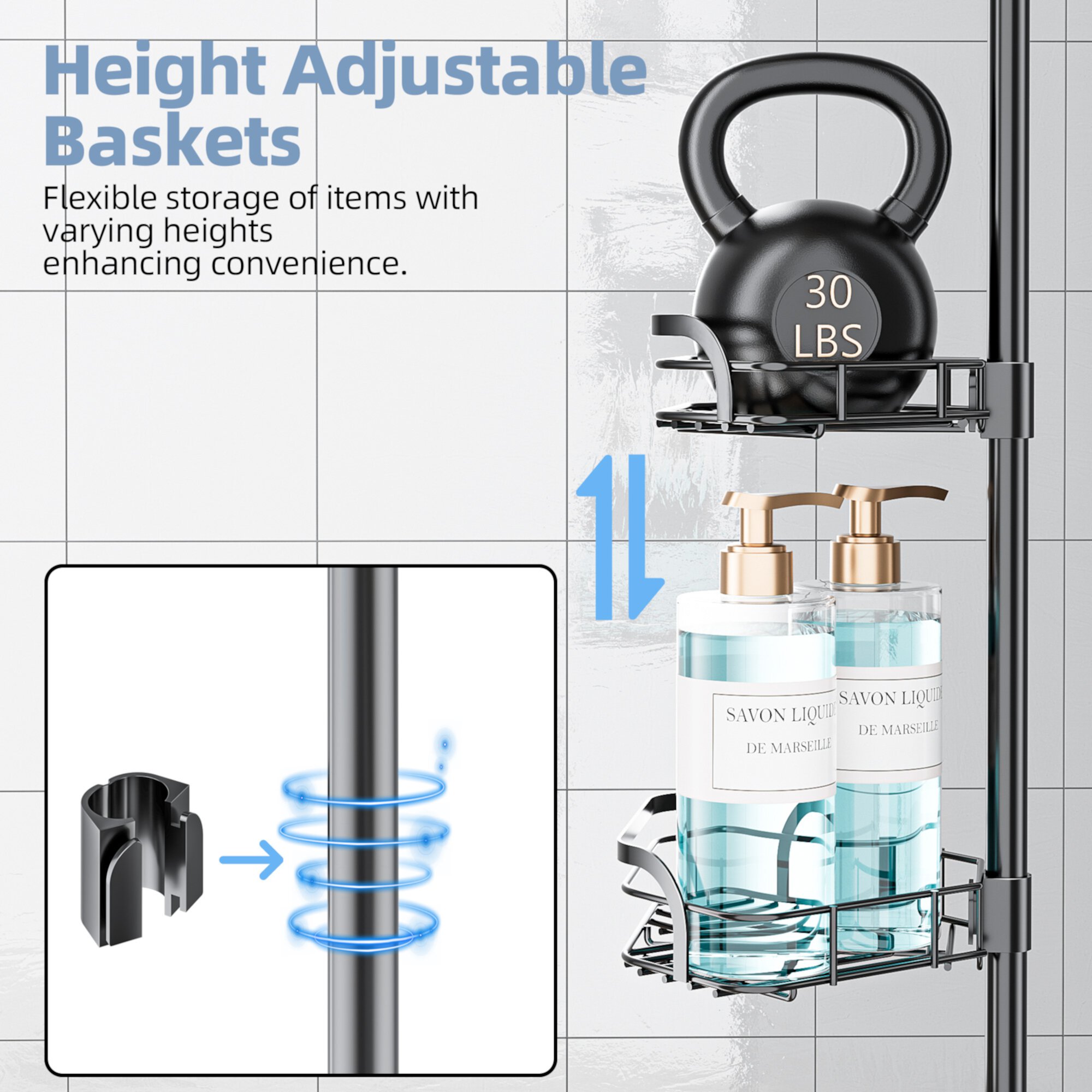 Shower Caddy Tension Pole, LAMU 4-Tier Adjustable Corner Shelf Storage Organizer Steel, Fits 29-111 inch Heights, LAMU