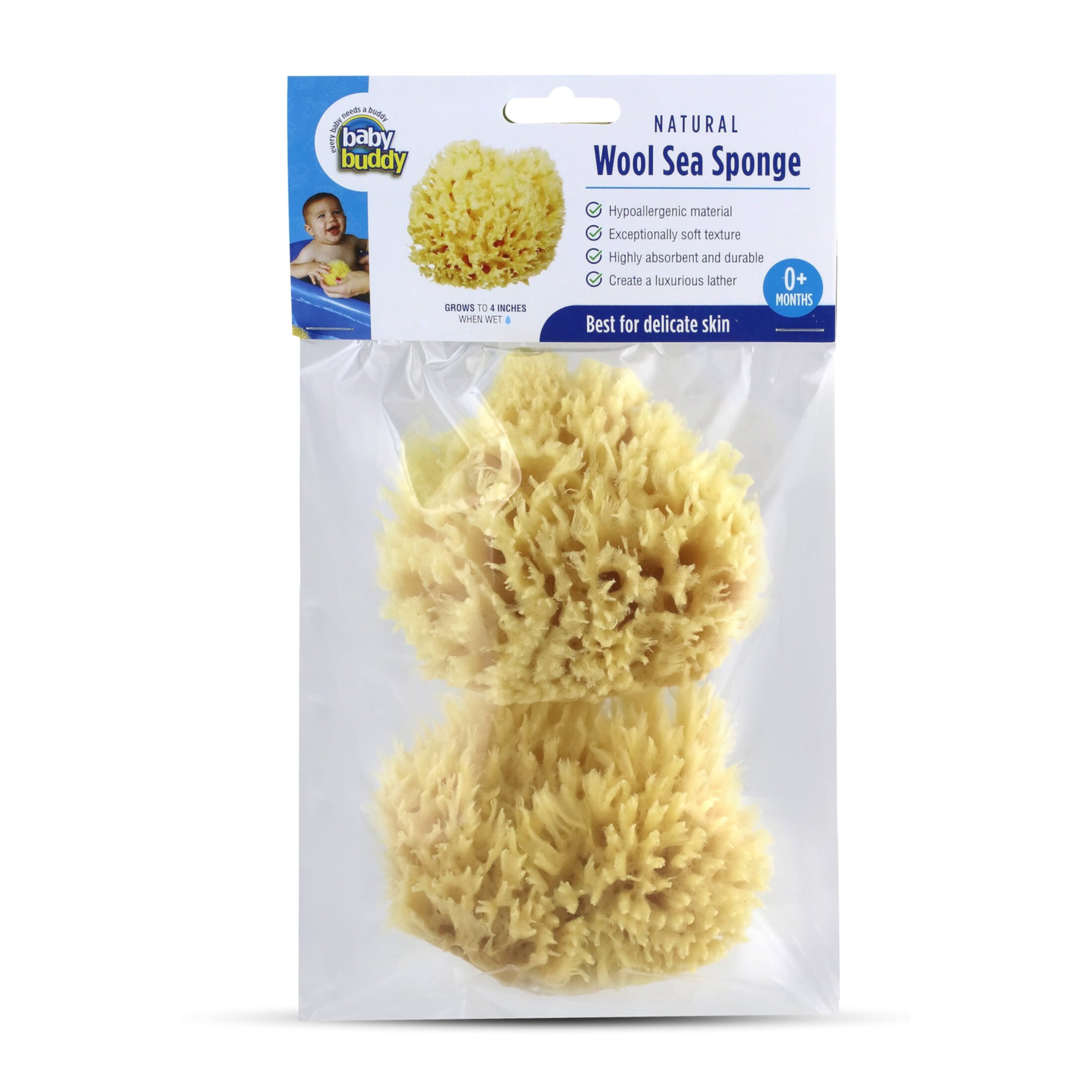 Baby Buddy Natural Baby Bath Sponge 4in Ultra Soft Premium Sea Wool Sponge Soft on Tender Baby Skin, Biodegradable, 2pk Baby Buddy