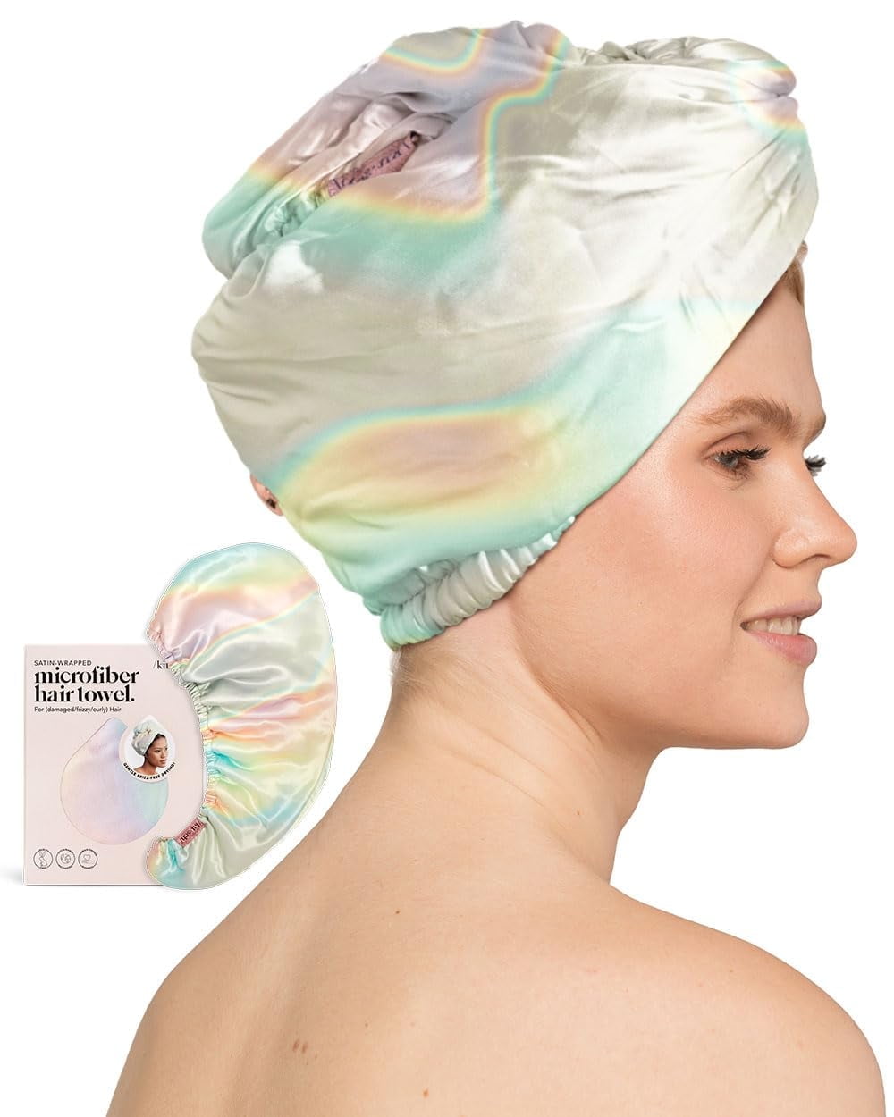 Kitsch Satin Wrapped Microfiber Hair Towel - Fast Dry Curly Hair Wraps, Microfiber Towel, Champagne Kitsch