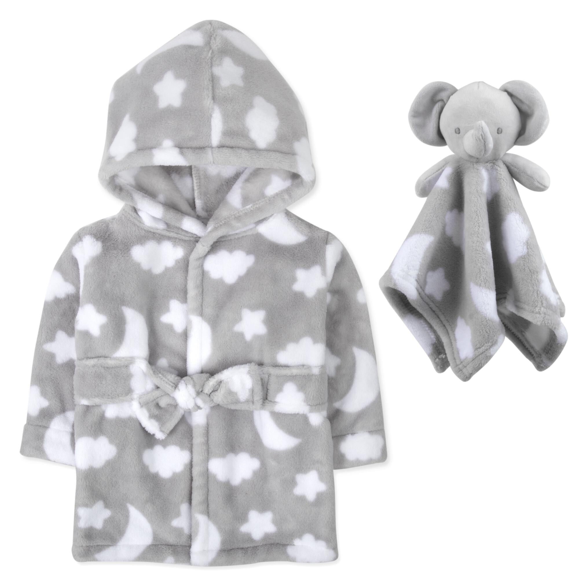 Baby Essentials Hooded Bathrobe with Tie Closure & Matching Minky Blanket Doll for Newborns, Infants and Toddlers 0 – 9 Months for Bath and Lounge in Moon & Stars with Elephant Baby Essentials