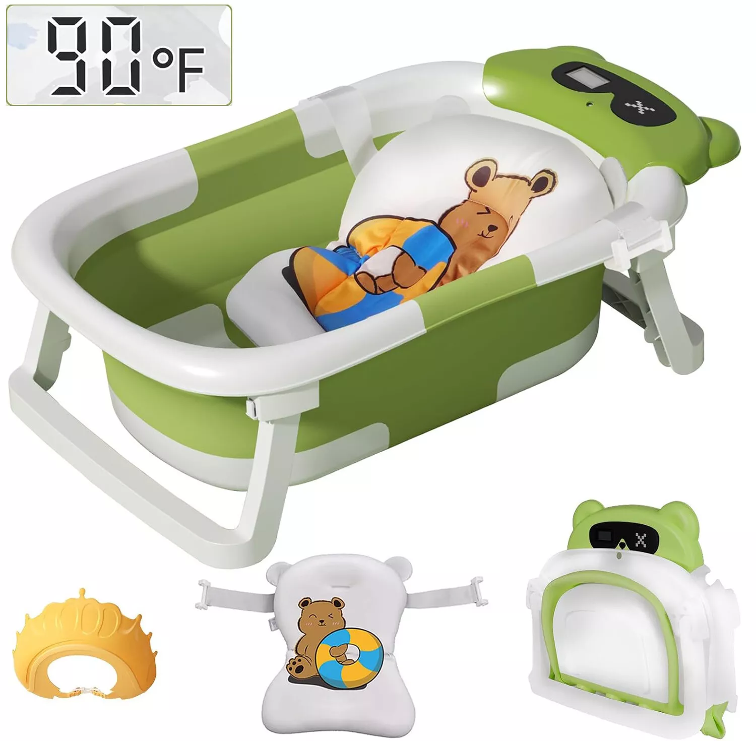 TOPCHANCES Foldable Baby Bathtub for Infants to Toddler, Portable Travel Bathtub with Thermometer & Bath Cushion & Bath Cap, Baby Bathtub for Newborn 0-36 Month (Grey) Topchances