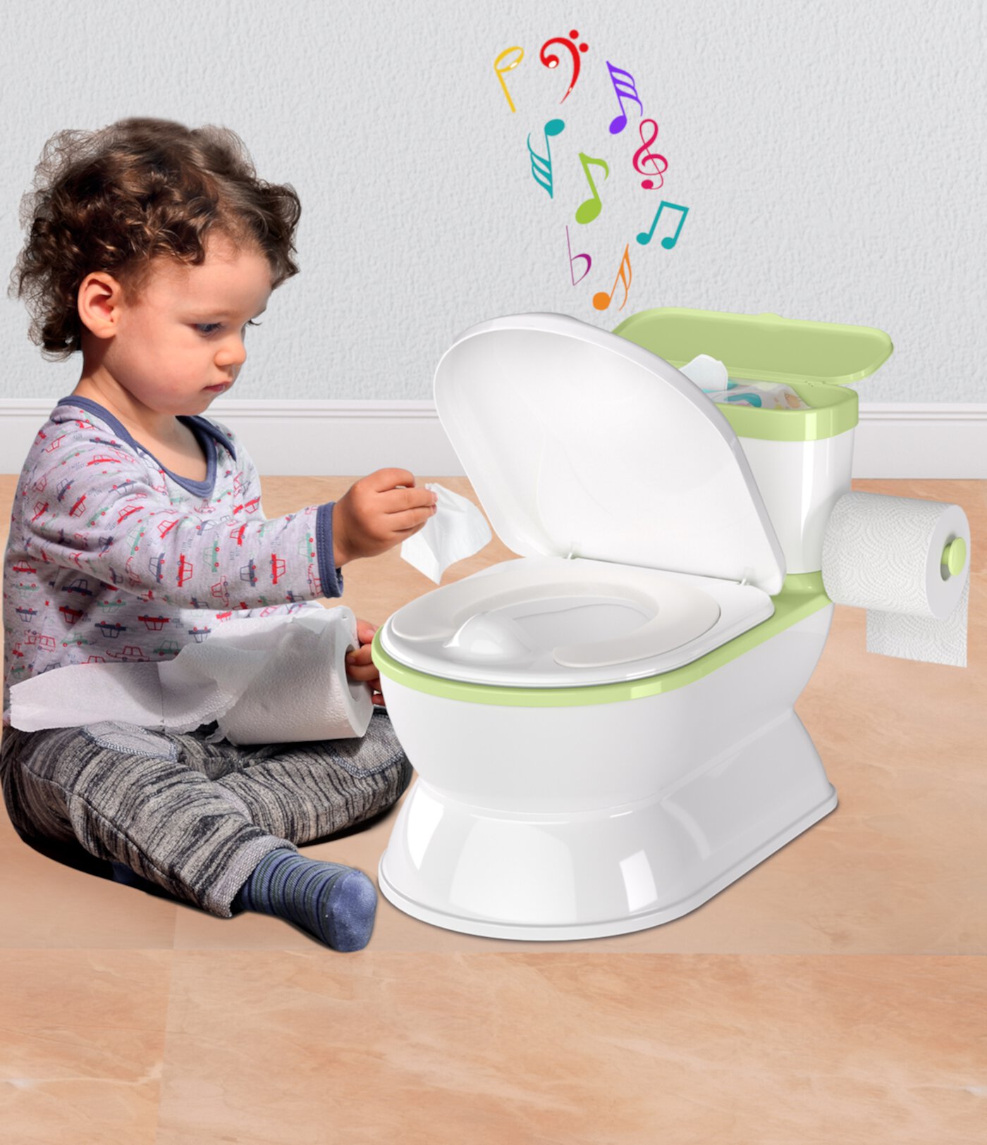 Realistic Baby Potty Training Toilet for Kids and Toddlers w/ Flushing Sounds, Splash Guard (Green) Obee Odee