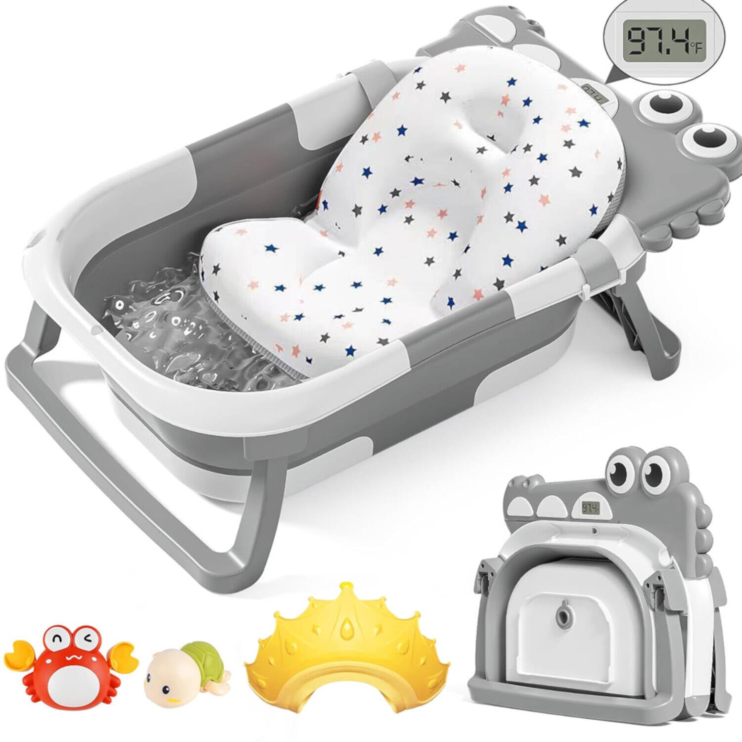 Morfone Collapsible Baby Bathtub with Soft Cushion, Thermometer, Shower Cap, Bath Toys, Portable Travel Baby Tub for Newborn to Toddler 0-36 Months,Gray Morfone