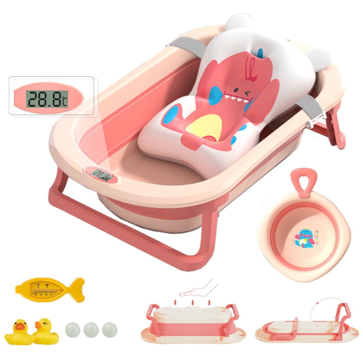 MONEHANE Baby Bath Tub for Girls and Boys, Portable Collapsible Bathtubs with Cushion & Thermometer for Infants to Toddler, Pink MONEHANE