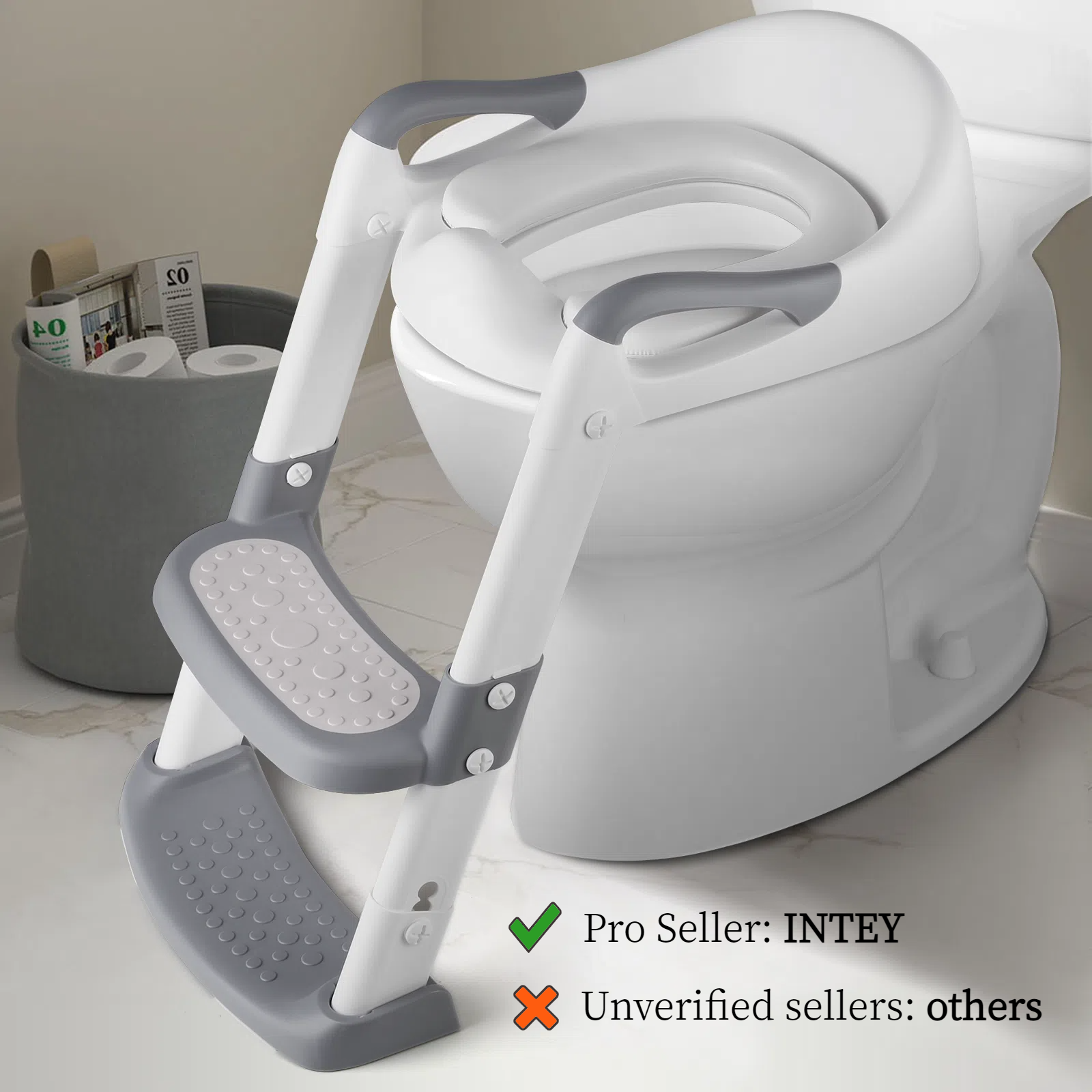 Potty Training Seat with Ladder, Foldable Toilet Potty Chair with Handles, Height Adjustable for Toddlers Girls Boys, Grey Amzdeal