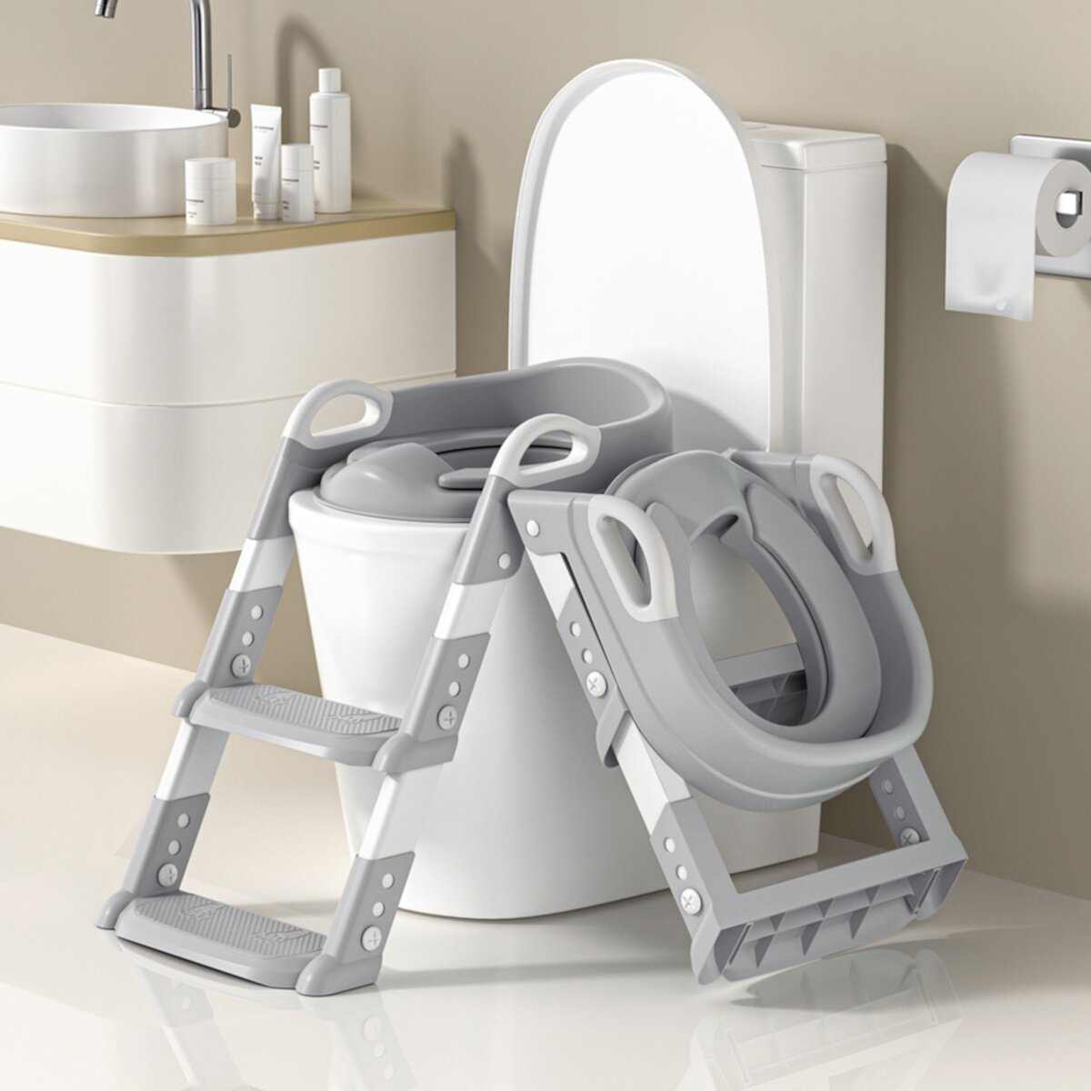 Toilet Potty Training Seat with Step Stool Ladder, Comfortable Safe Potty Seat with Anti-Slip Pads Ladder for Kids Boys Girls Toddlers, Grey OBariumy