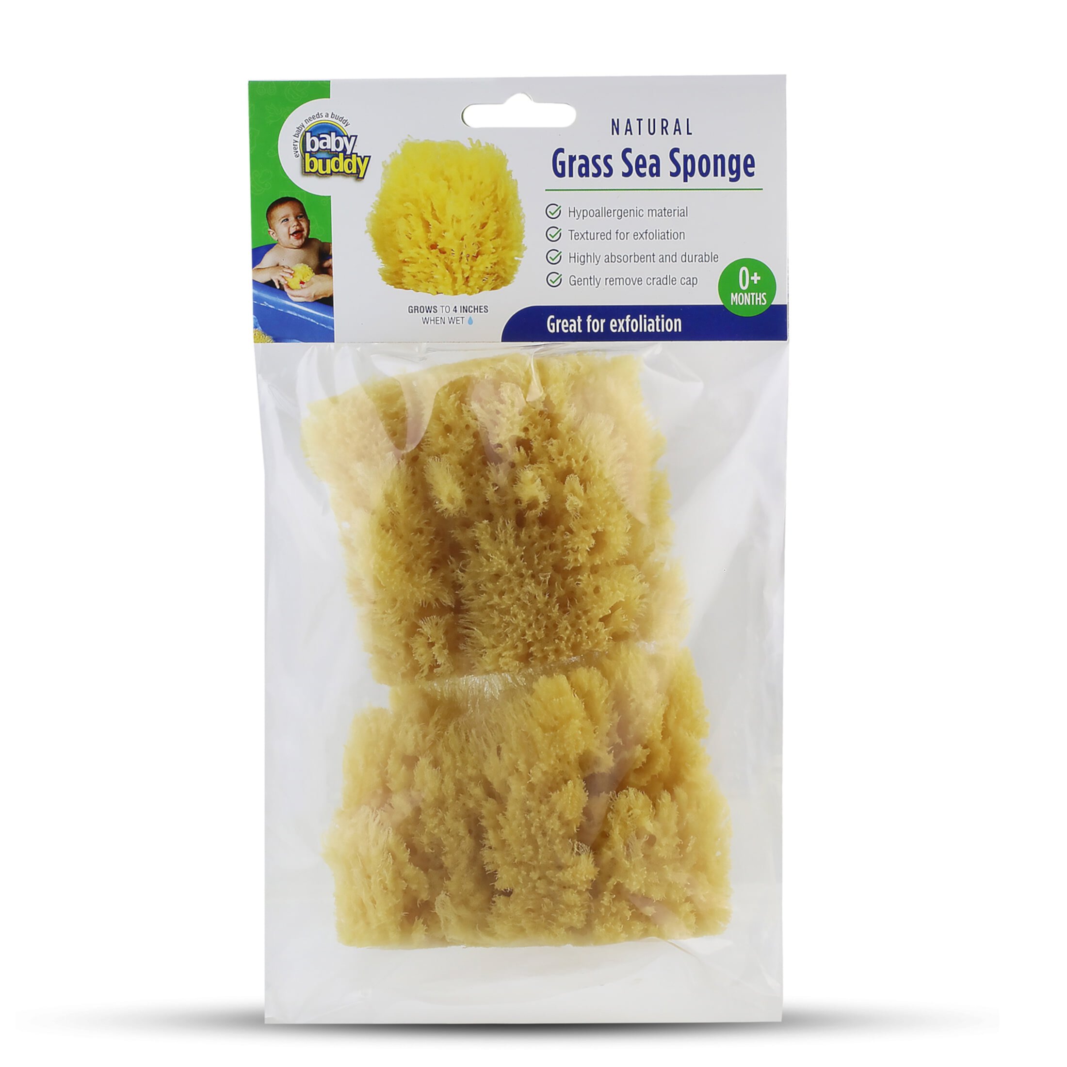 Baby Buddy Natural Baby Bath Sponge 4in Soft Grass Sea Sponge Tender Baby Skin, Biodegradable, 2pk Baby Buddy