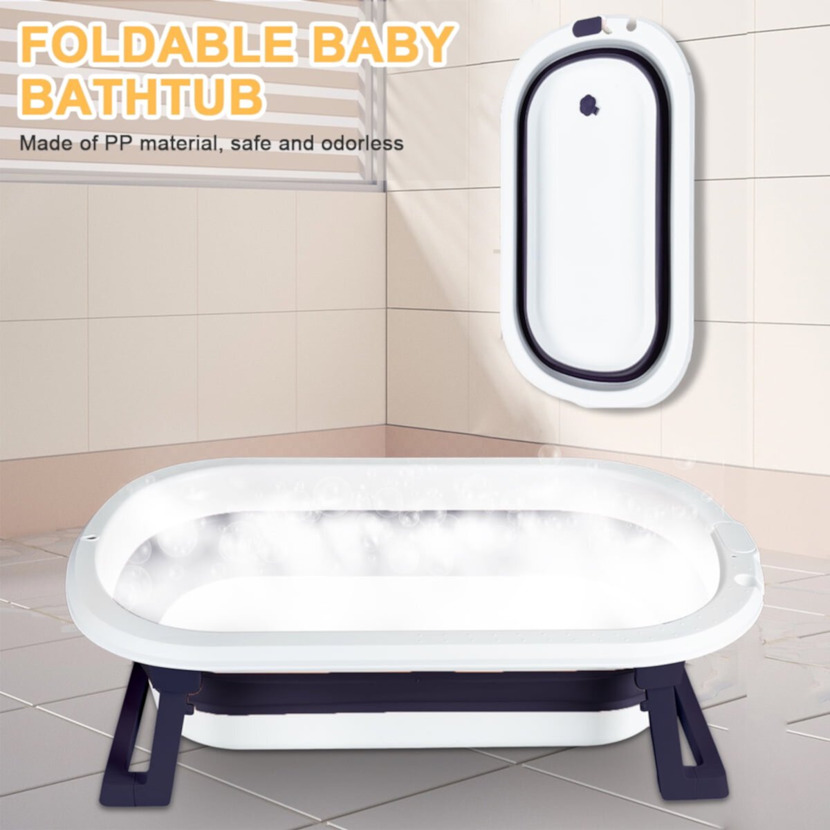 Folding Baby Bathtub, Infant Bath Tub with Anti Slip Pad, Boys, Blue w/Floating Pad Hurber