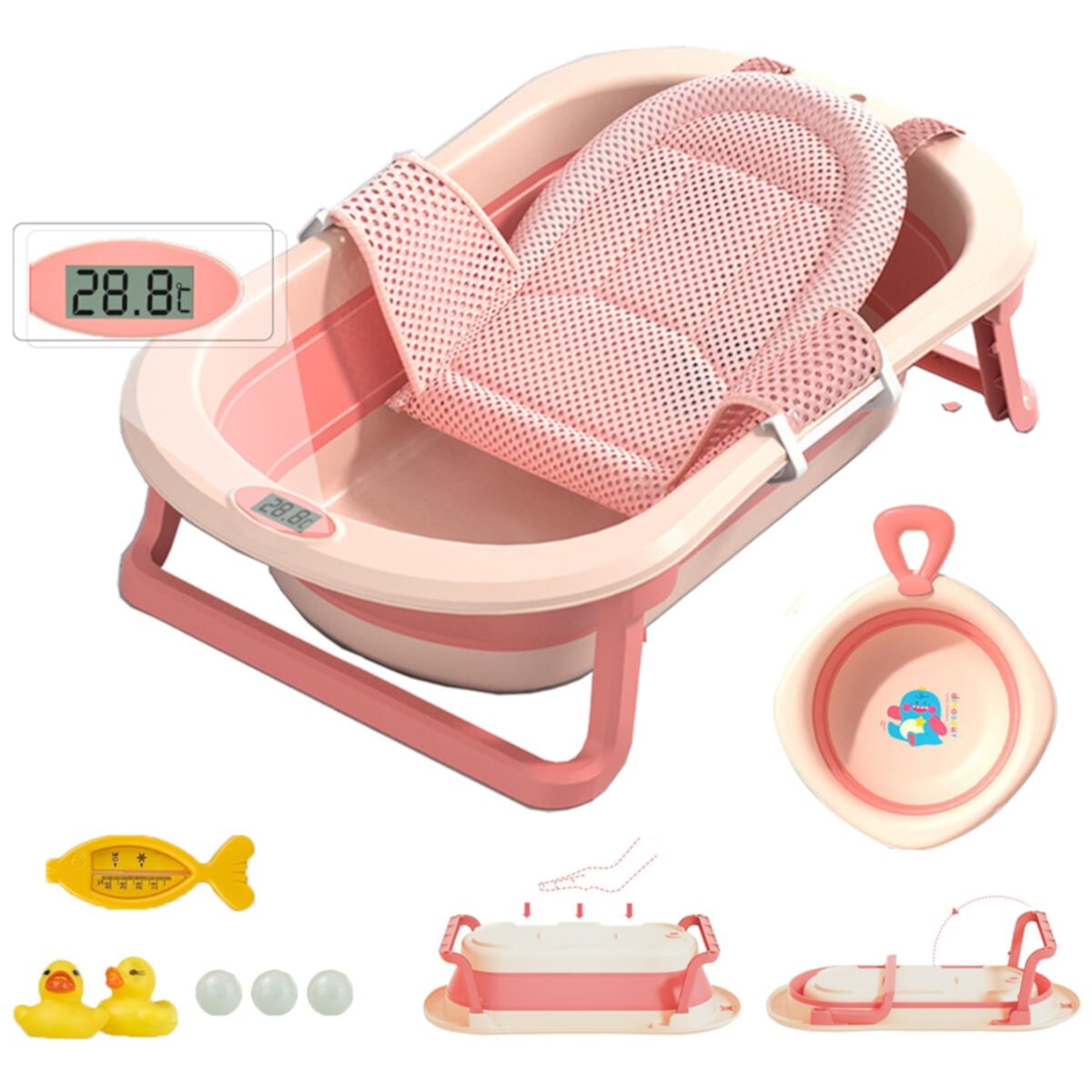 Collapsible Baby Bath Tub with Cushion & Thermometer Portable Travel Bathtub with Drain Hole Durable Newborn Bathtub for Infants to Toddler, Pink MONEHANE