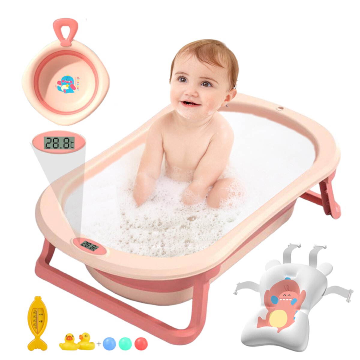 SLLINGLUO Folding Baby Bath Tub with Bath Seat, Portable Foldable Baby Bathtub for Infant and Newborn, Pink, Floating Mat SLLINGLUO