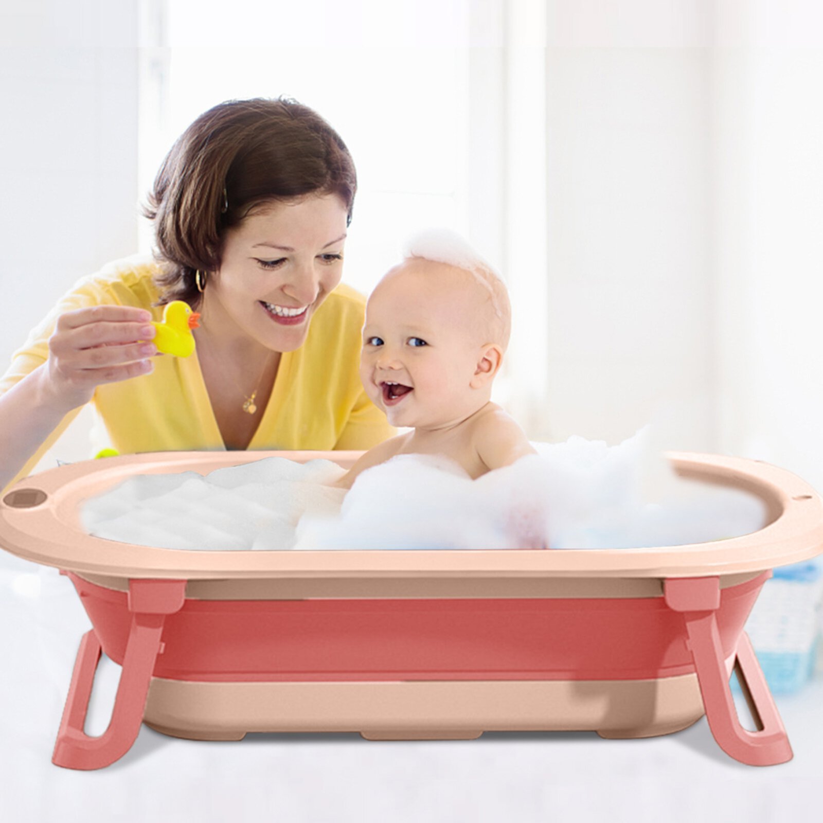 SLLINGLUO Portable Collapsible Infant Baby Bathtub with Soft Cushion, Thermometer and Toys, Pink SLLINGLUO