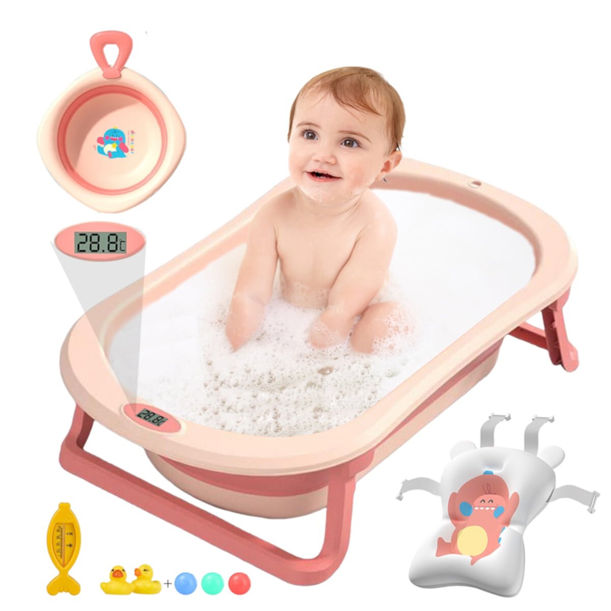 SLLINGLUO Baby Bath Tubs for Newborn to 36 Months Foldable Baby Bathtub with Toys & Soft Cushion & Thermometer SLLINGLUO