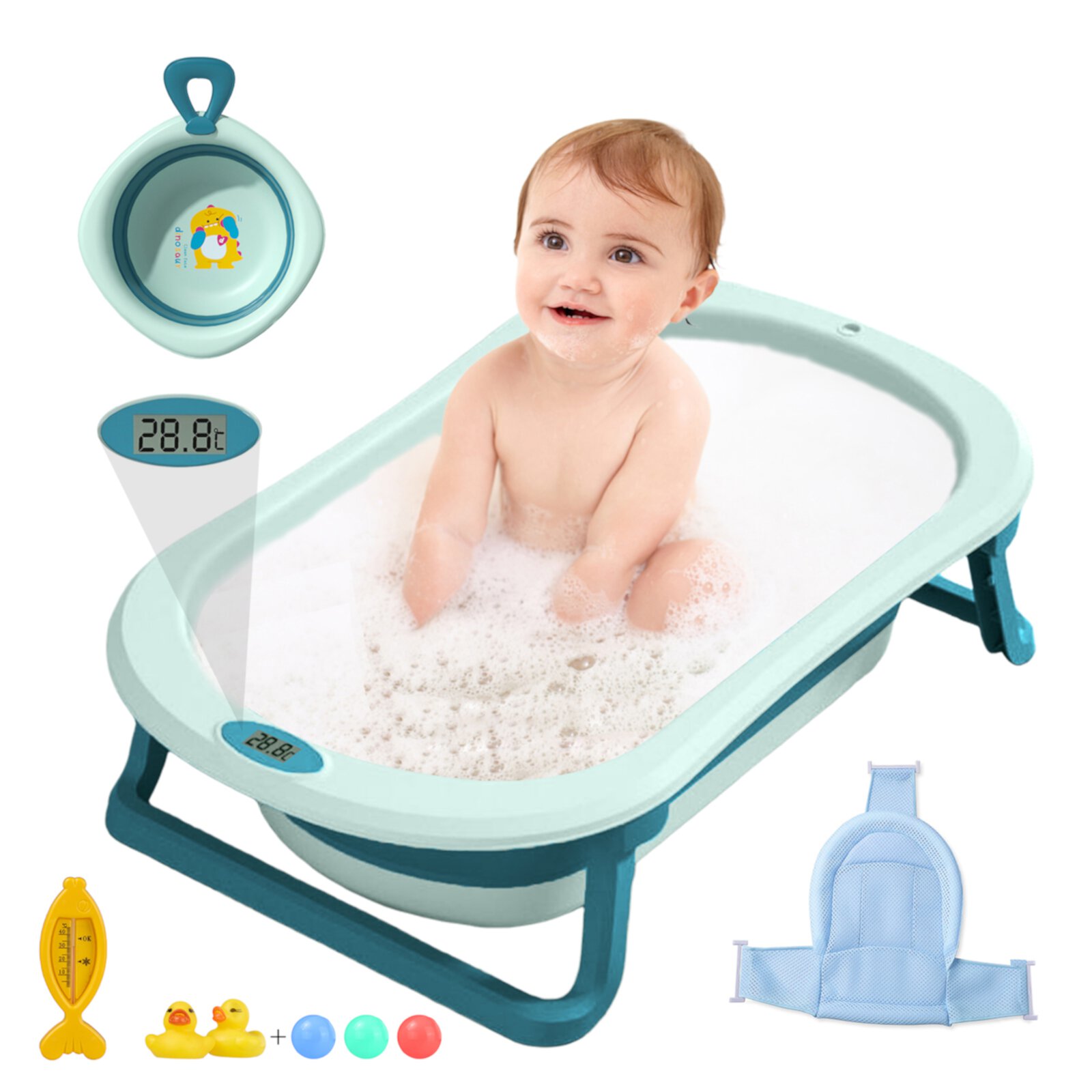 SLLINGLUO 31" Baby Bath Tub Folding Infant Bathtub with Bath Seat,Unisex (Green, Net) SLLINGLUO