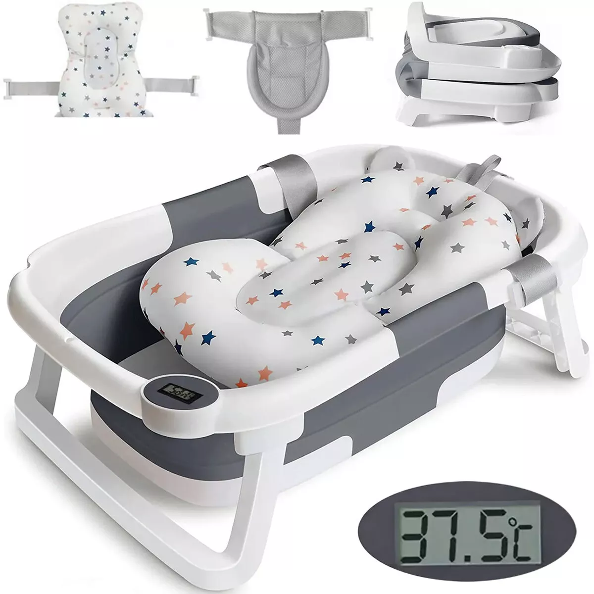 TOPCHANCES Collapsible Baby Bathtub with Thermometer, Newborn Baby Shower Tub with Baby Tub Cushion & Bath Net, Portable Baby Folding Bathtub for 0-36 Month Newborn, Grey Topchances