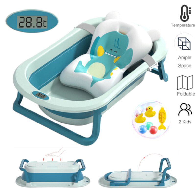 RICHYOUNG Foldable Baby Bathtub For Newborn To Toddler, Portable Travel Bathtub With Thermometer & Soft Cushion,Green RICHYOUNG