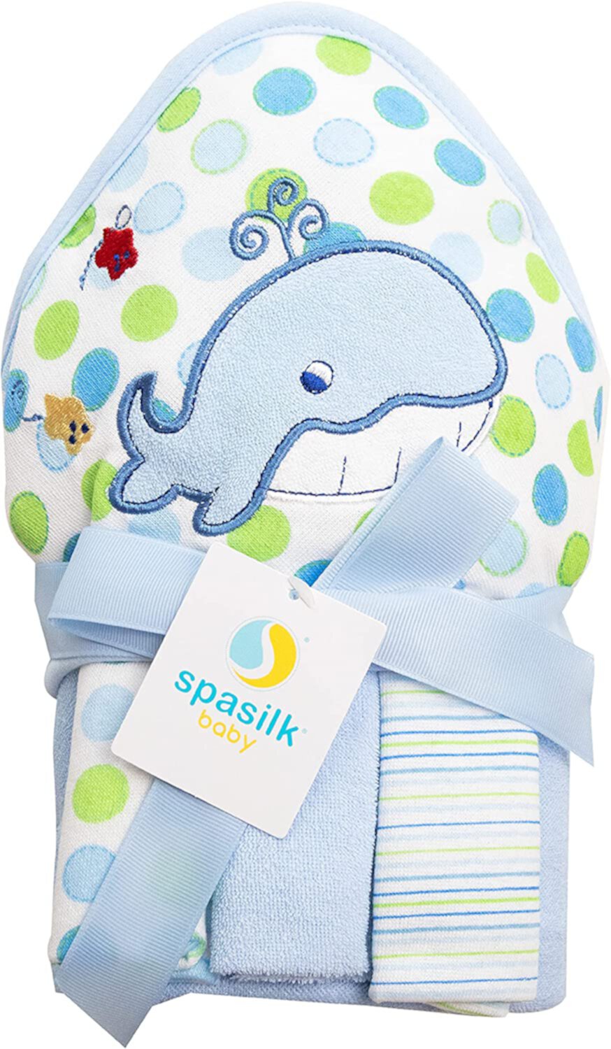 Spasilk Baby 1 Hooded Terry Towel & 3 Washcloths Set for Baby Boys, Blue Whale Visit the Spasilk Store