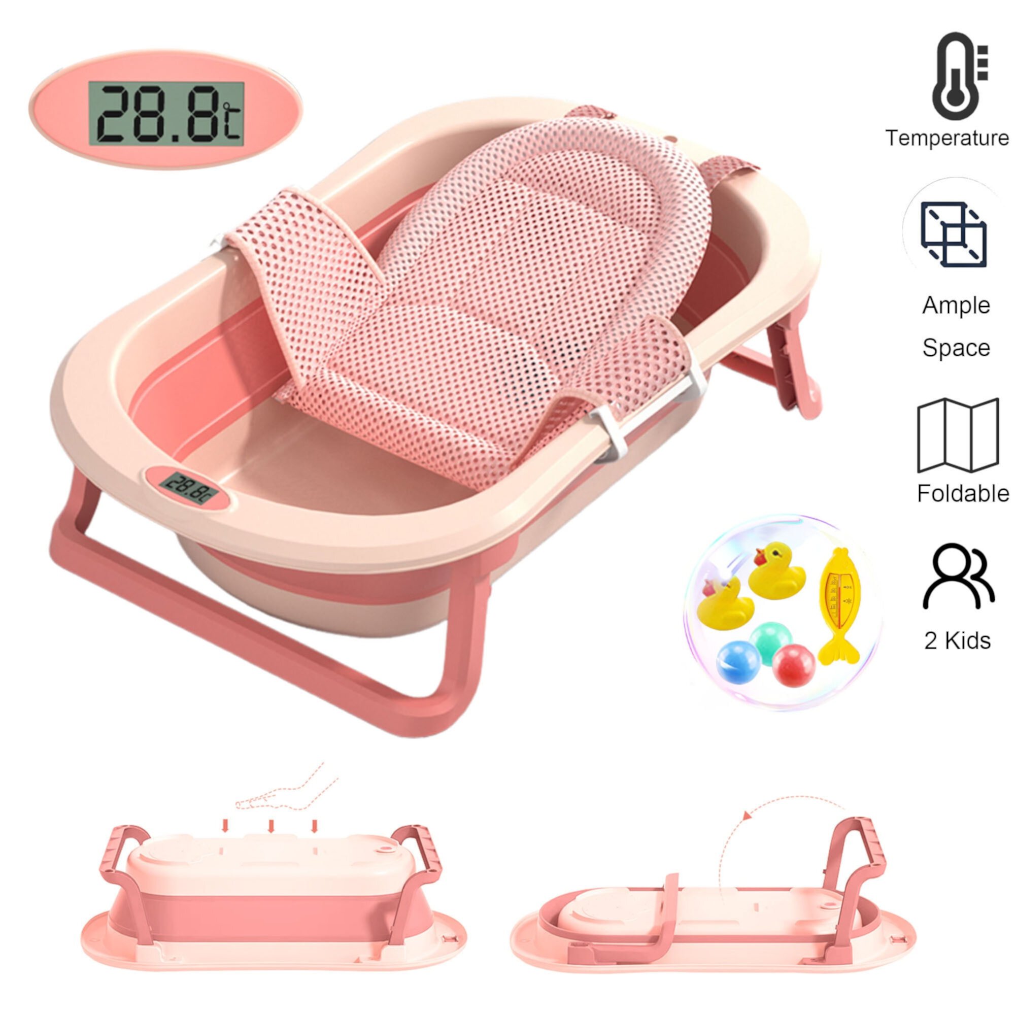 Collapsible Baby Bath Tub, Baby Bathtub for Infants to Toddler, Portable Travel Foldable Baby Bathtub & Thermometer, Drain Hole, Pink RICHYOUNG