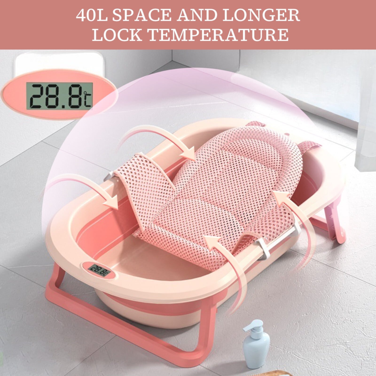 EONROACOO Foldable Baby Bathtub with Thermometer & Cushion, Portable Infant Tub(Pink) EONROACOO