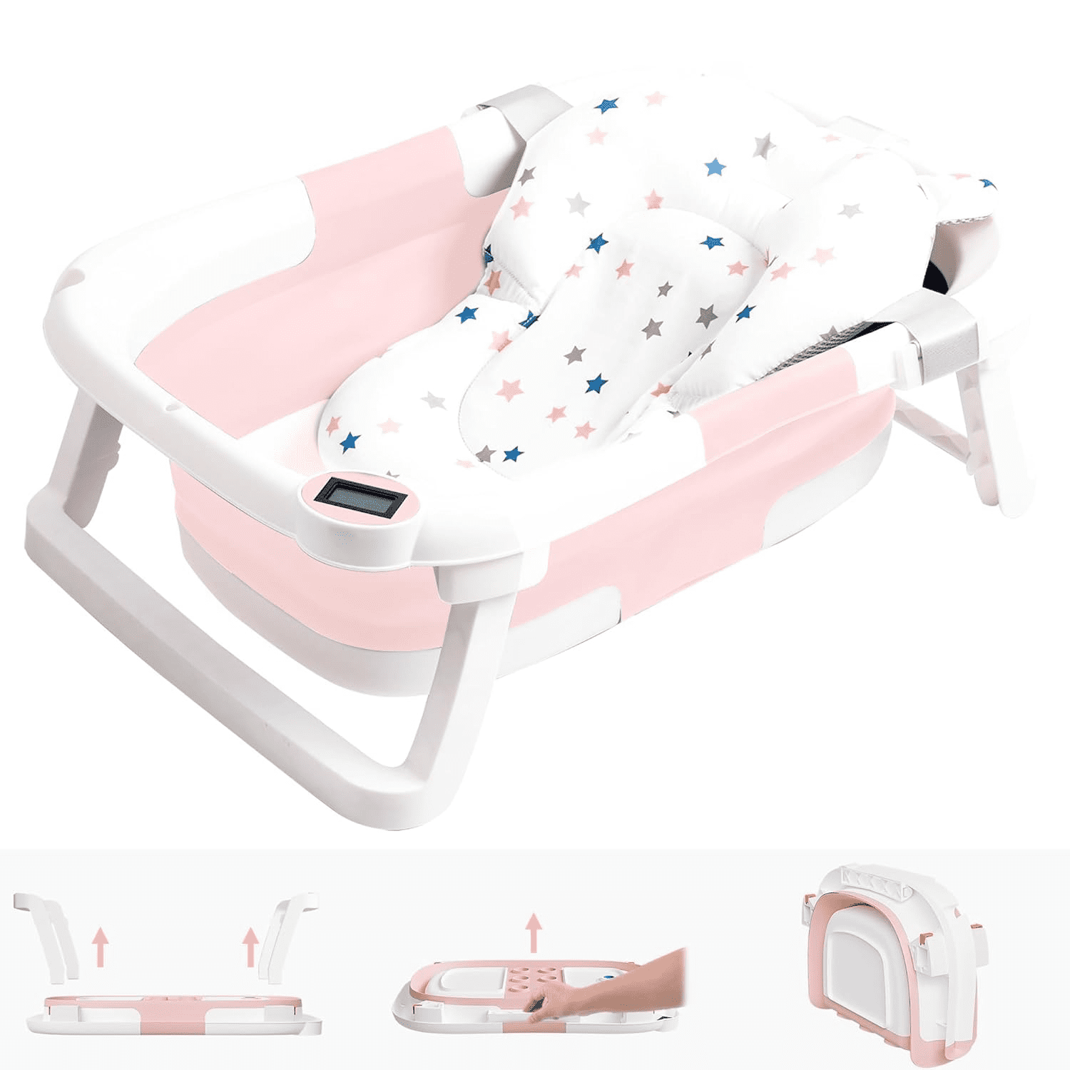 Collapsible Baby Bathtub,BUSATIA Baby Bath Tub with Soft Thermometer & Soft Floating Cushion &&nbsp; Bath Net,Baby Bathtub Newborn to Toddler 0-36 Months,Portable Travel Baby Tub,Pink BUSATIA