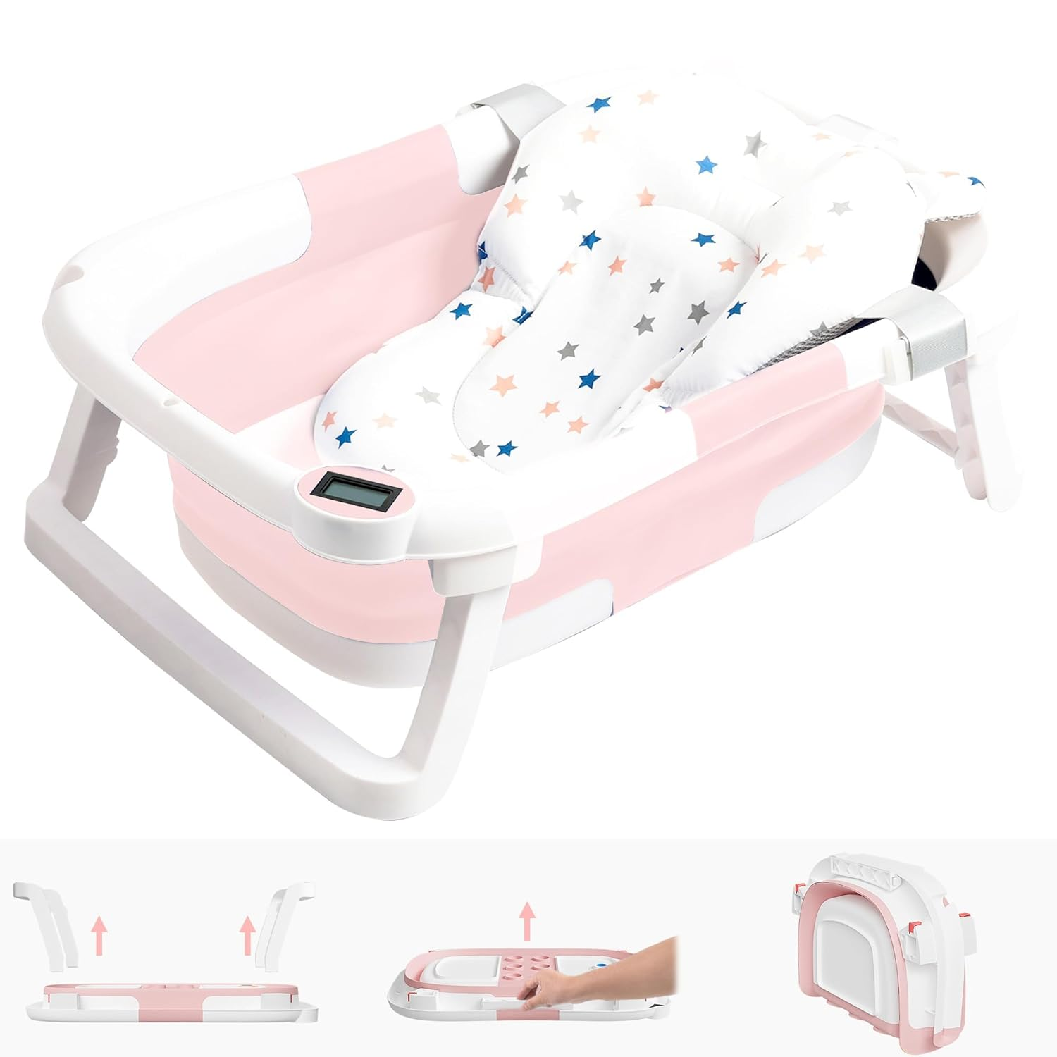 Collapsible Baby Bathtub,BUSATIA Baby Bath Tub with Soft Thermometer & Soft Floating Cushion &&nbsp; Bath Net,Baby Bathtub Newborn to Toddler 0-36 Months,Portable Travel Baby Tub,Pink Visit the BUSATIA Store