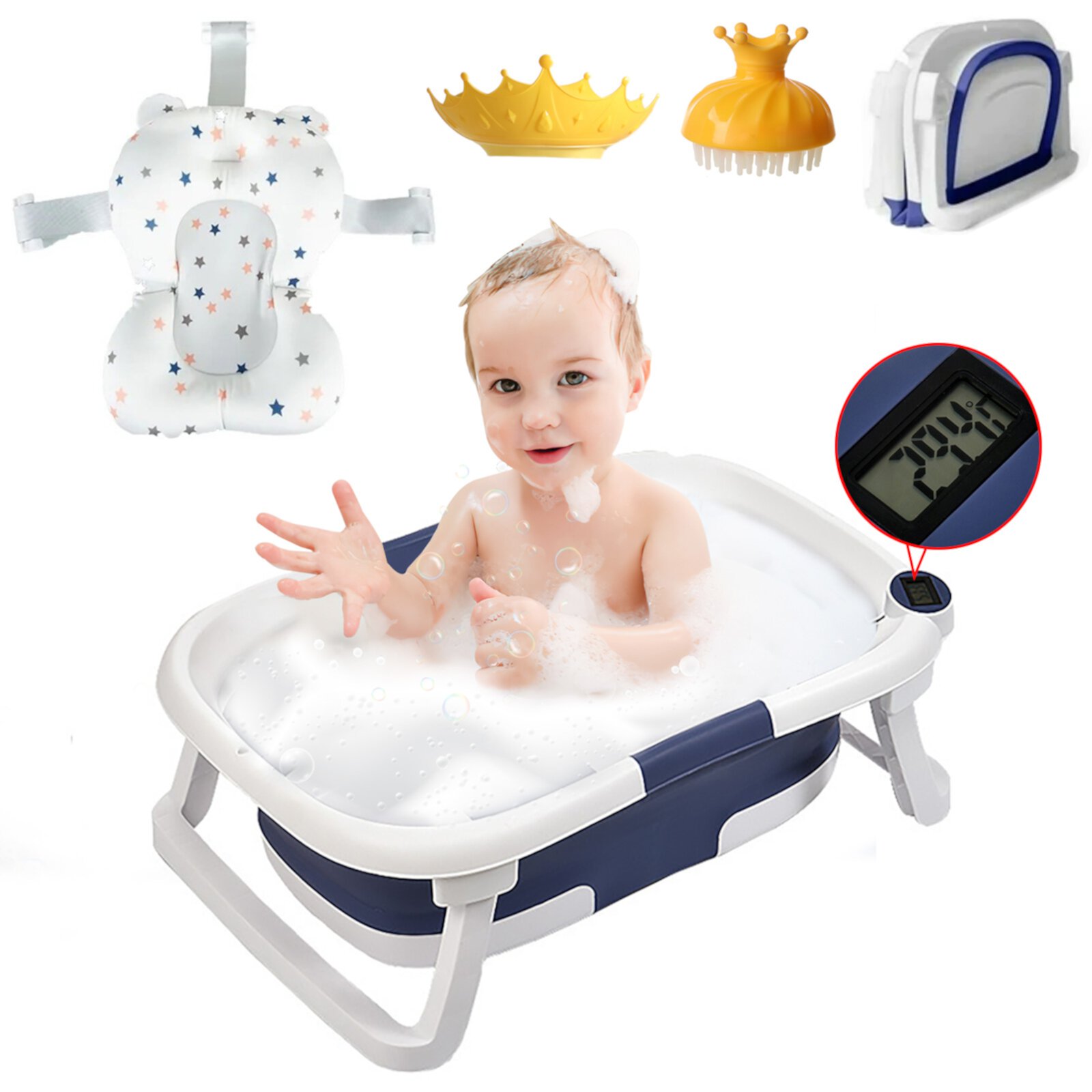 Yuhuan Collapsible Baby Bathtub - Foldable Baby Bath Tub Swith Real-time Temp Monitor & Floating Cushion - Portable Travel Tub for 0-3 6 Month - Blue Yuhuan