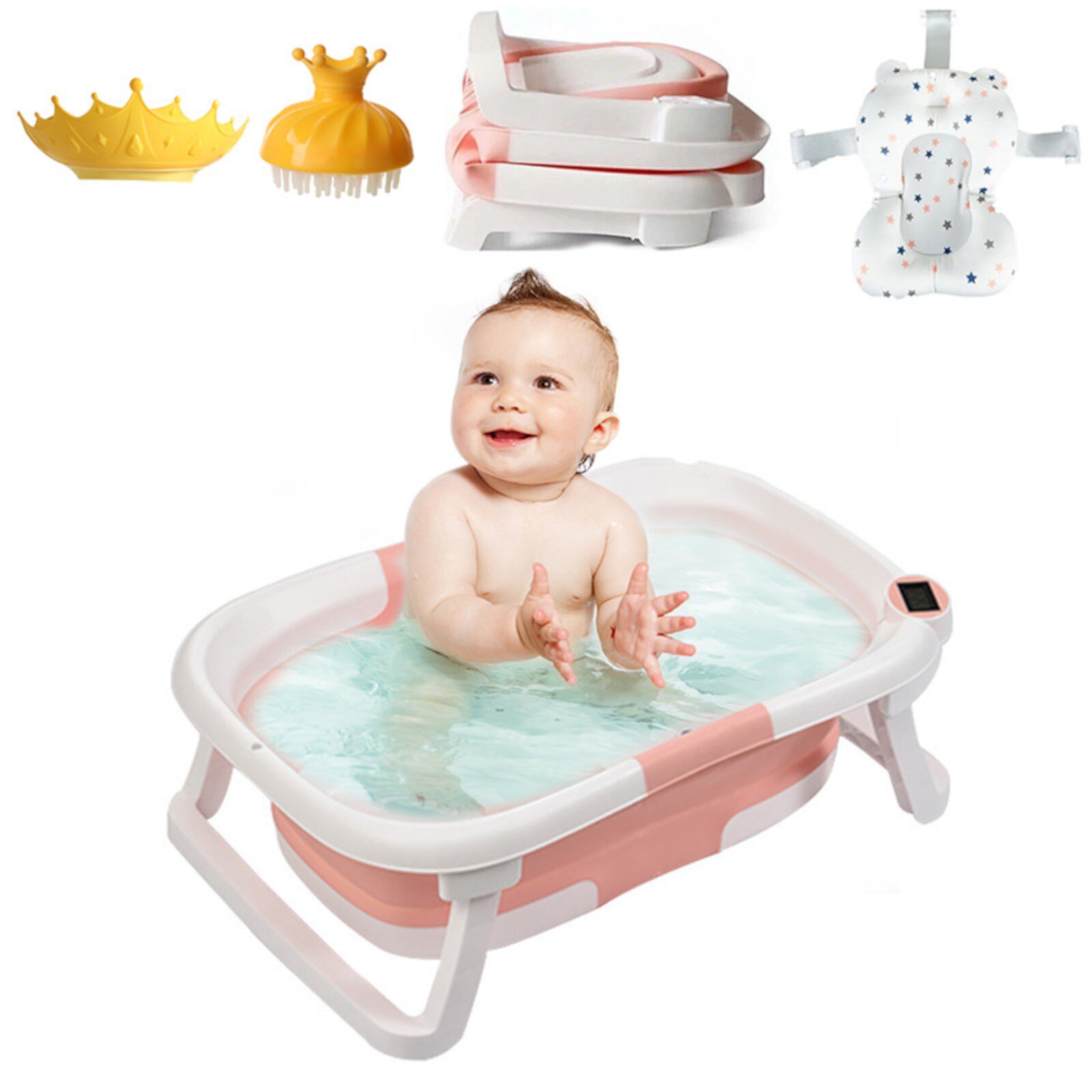 Yuhuan Foldable Newborn Bathtub with Thermometer Collapsible Portable - Travel Baby Bathtub with Bath Cushion Mat for Newborn 0-3 6 Months - Pink Yuhuan