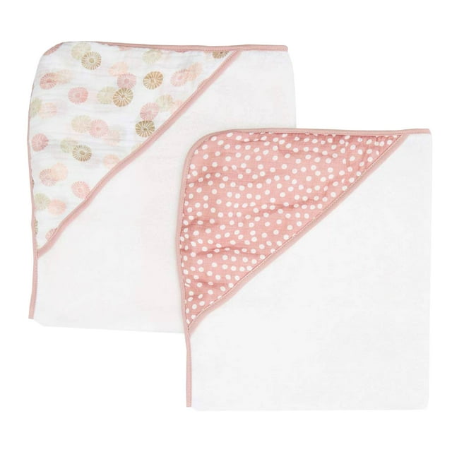 Spasilk Baby Hooded Towel Bath Set, Muslin Printed Hood, Pack of 2, Pink Shells Spasilk