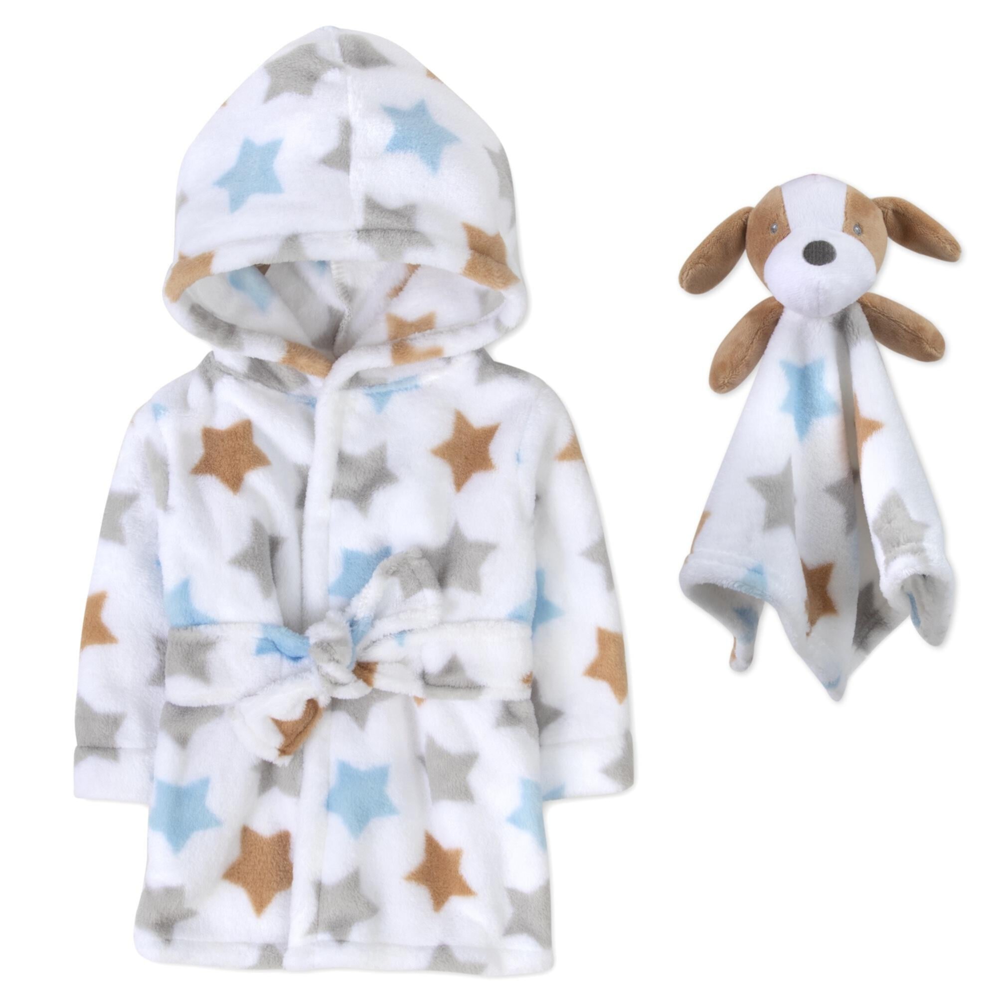 Baby Essentials Hooded Bathrobe with Tie Closure & Matching Minky Blanket Doll for Newborns, Infants and Toddlers 0 – 9 Months for Bath and Lounge in Shooting Stars with Puppy Pal Baby Essentials