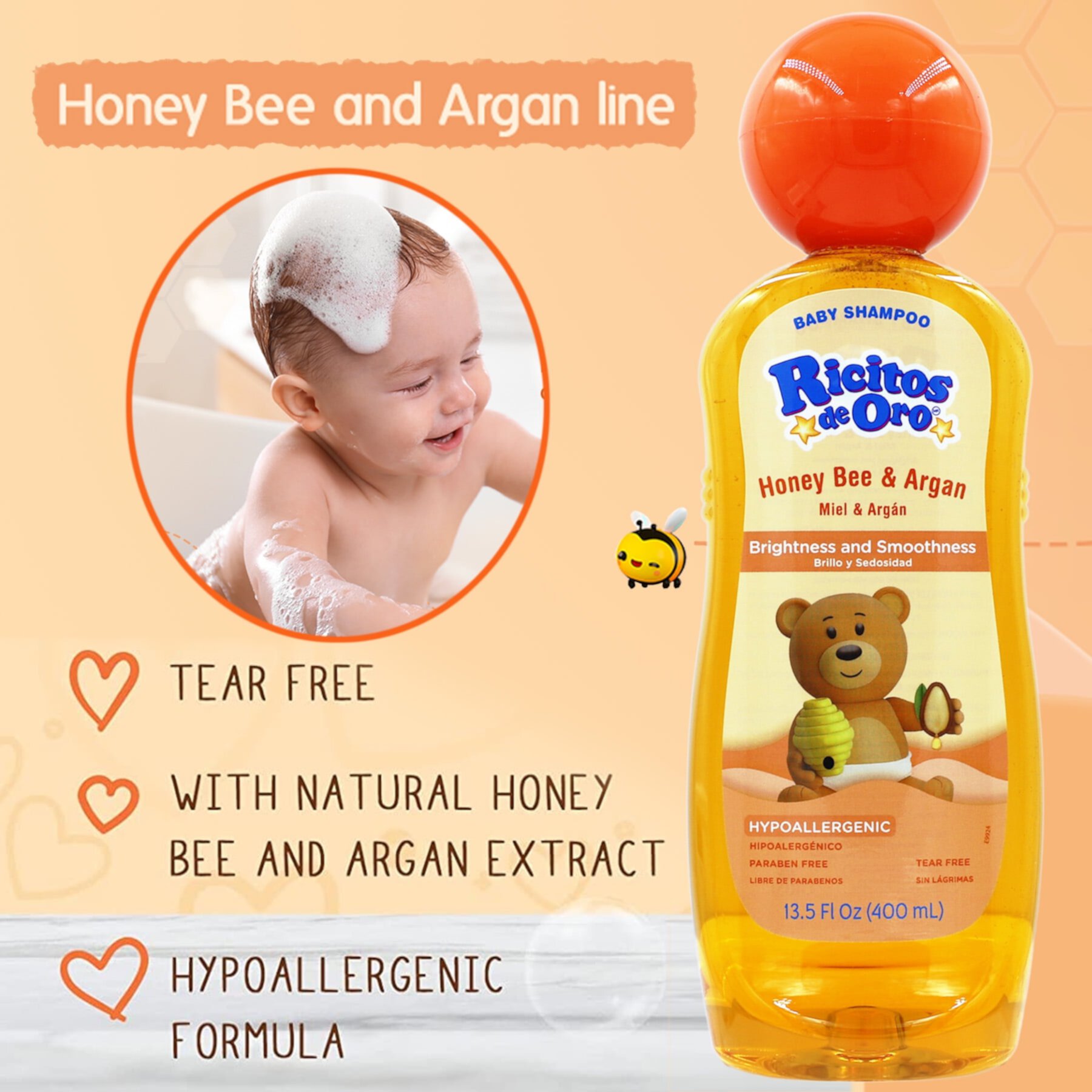 Ricitos de Oro Hypoallergenic Honey Baby Shampoo 400ml - Ricitos de Oro Miel Champu de Bebe (Pack of Ricitos de Oro