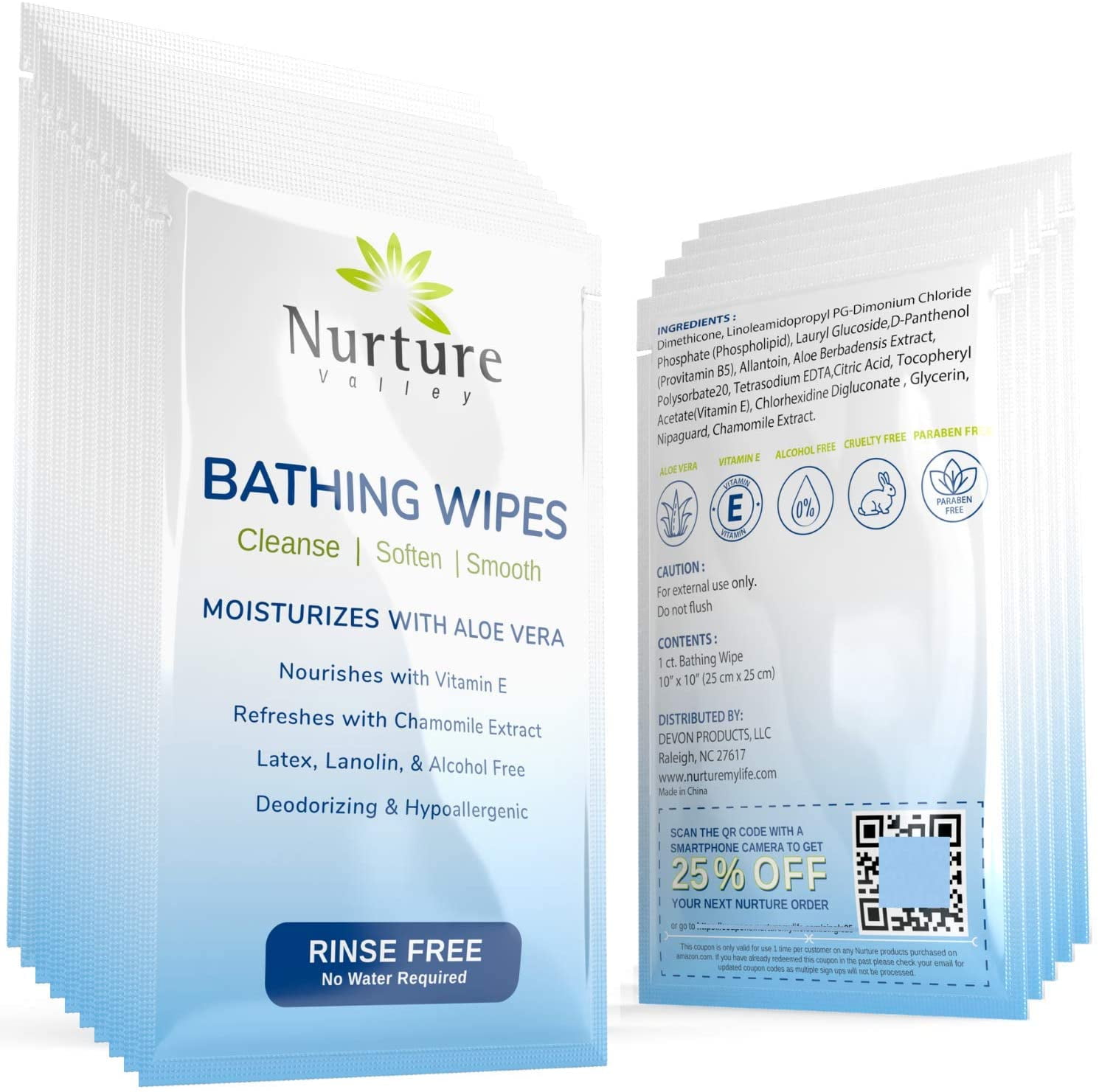 Nurture Valley Rinse Free Bathing Wipes Aloe Vera + Vitamin E (40 Travel Packs) Nurture Valley