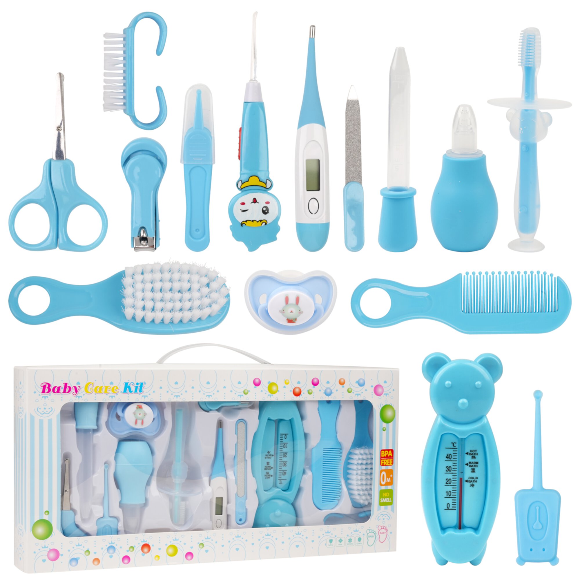 BUSATIA Baby Grooming Kit,15 in 1 Infant Safety Care Set with Hair Brush Comb Nail Clipper Nasal Aspirator,Baby Essentials Kit for Newborn Girls Boys,Blue BUSATIA