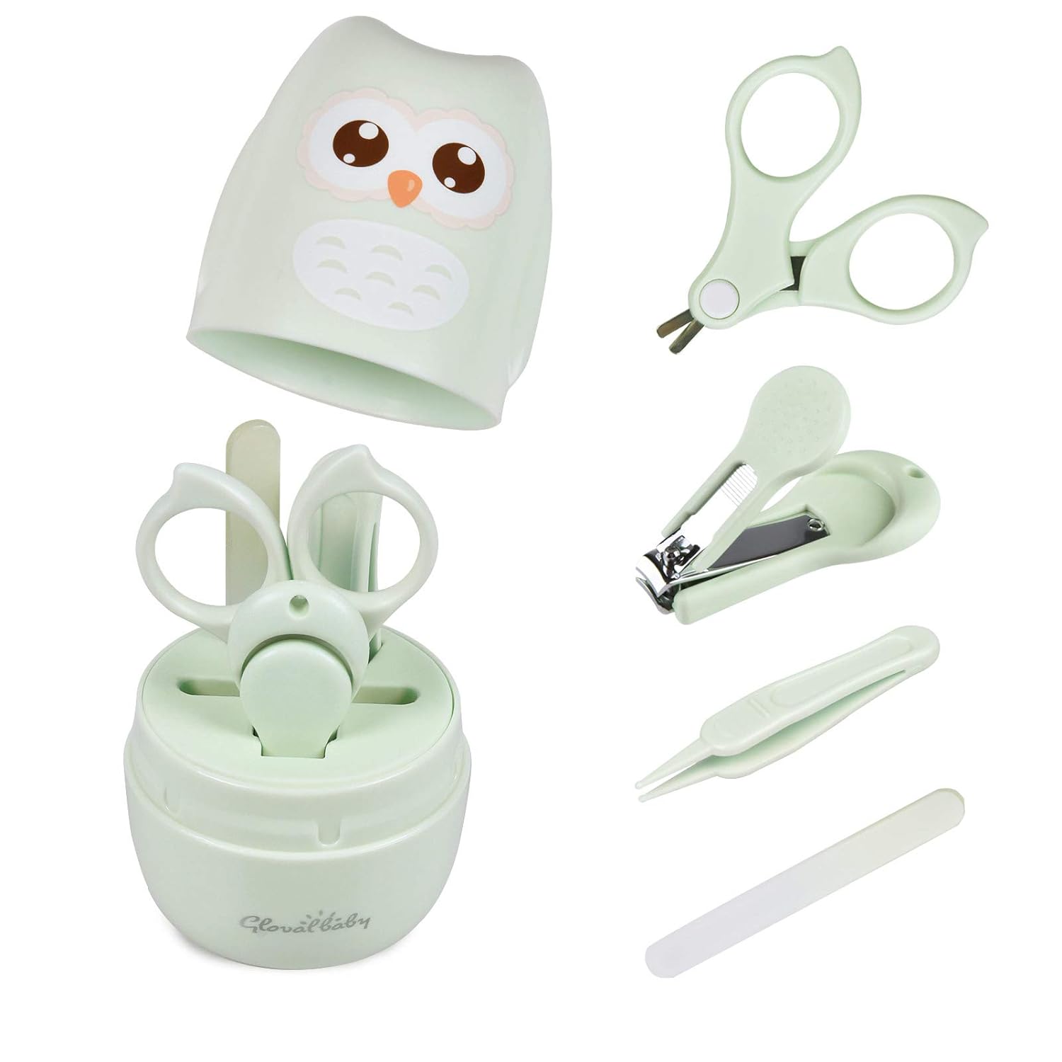 Baby Nail Kit, Baby Manicure Kit and Pedicure kit with Cute Owl Shape Case. Baby Nail Clipper, Scissor, Baby Nail File & Tweezer for Newborn, Infant & Toddler, Mothers Day Gifts(Green) Gloval Baby