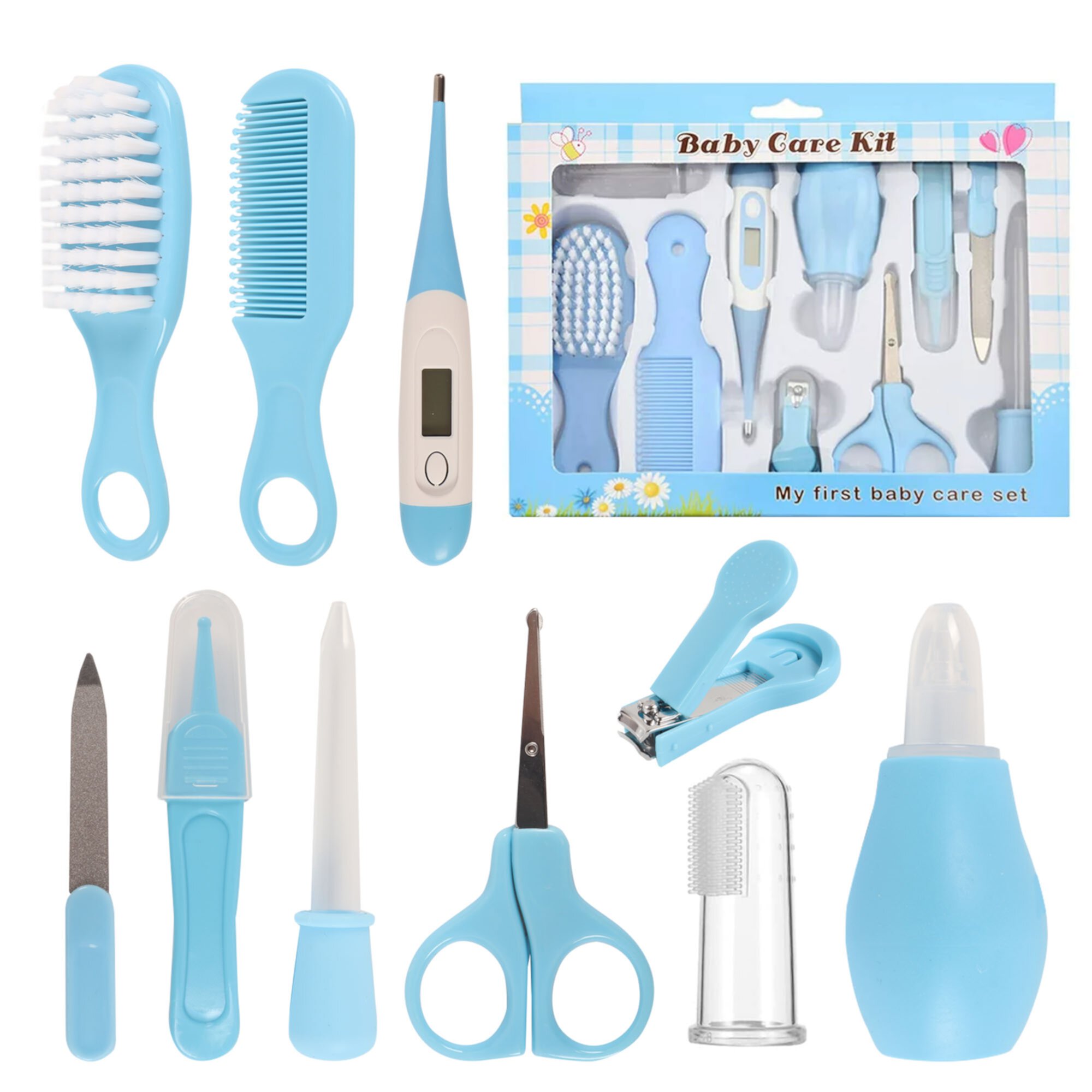 BUSATIA 10 in 1 Baby Healthcare and Grooming Kit,Safety Newborn Nursery Care Set, with Hair Brush Comb,Nail Clipper,Thermometer,Pacifier Clip,Nasal Aspirator for Newborn Infant Baby-Blue Visit the BUSATIA Store