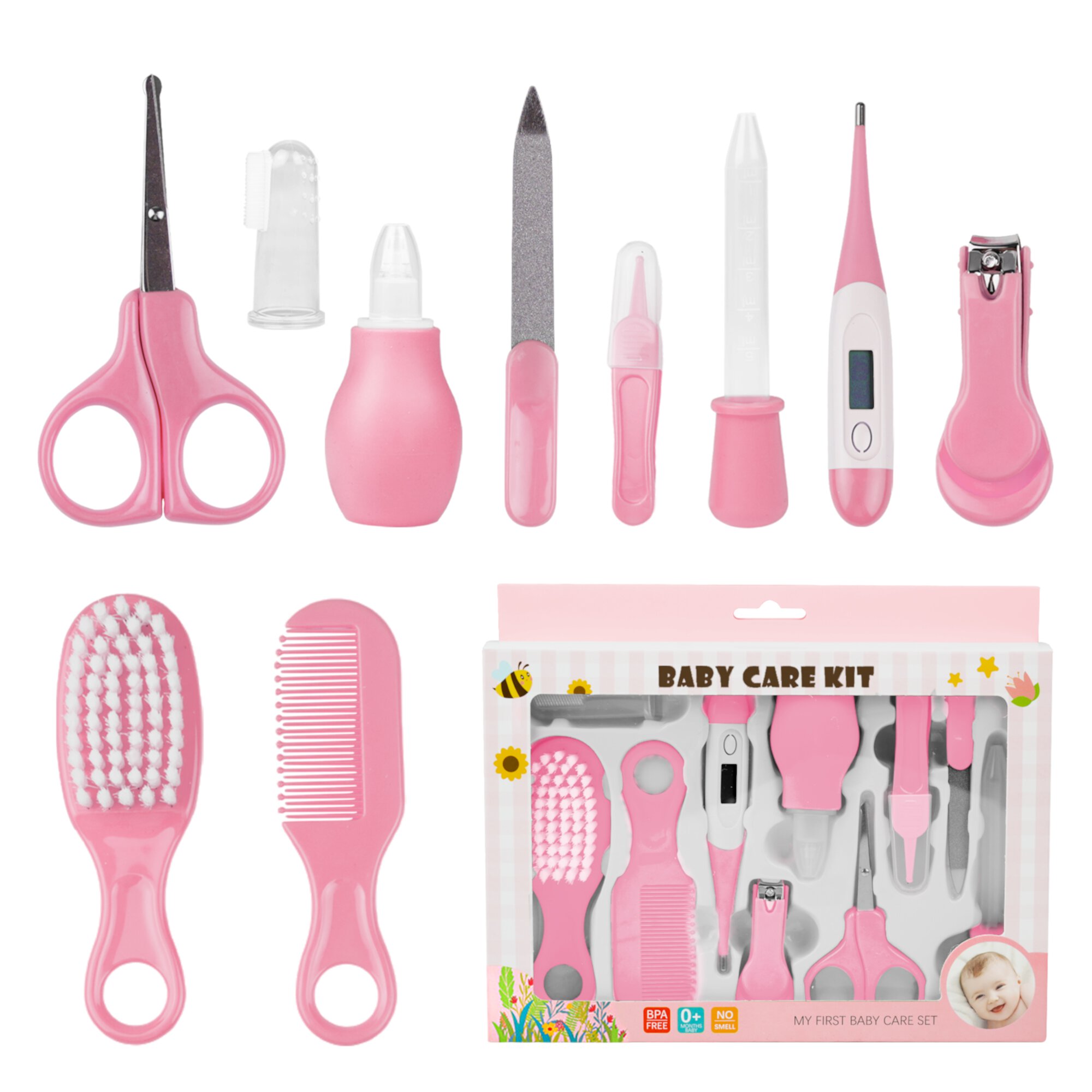 BUSATIA 10 in 1 Baby Healthcare and Grooming Kit,Safety Newborn Nursery Care Set, with Hair Brush Comb,Nail Clipper,Thermometer,Pacifier Clip,Nasal Aspirator for Newborn Infant Baby-Pink Visit the BUSATIA Store