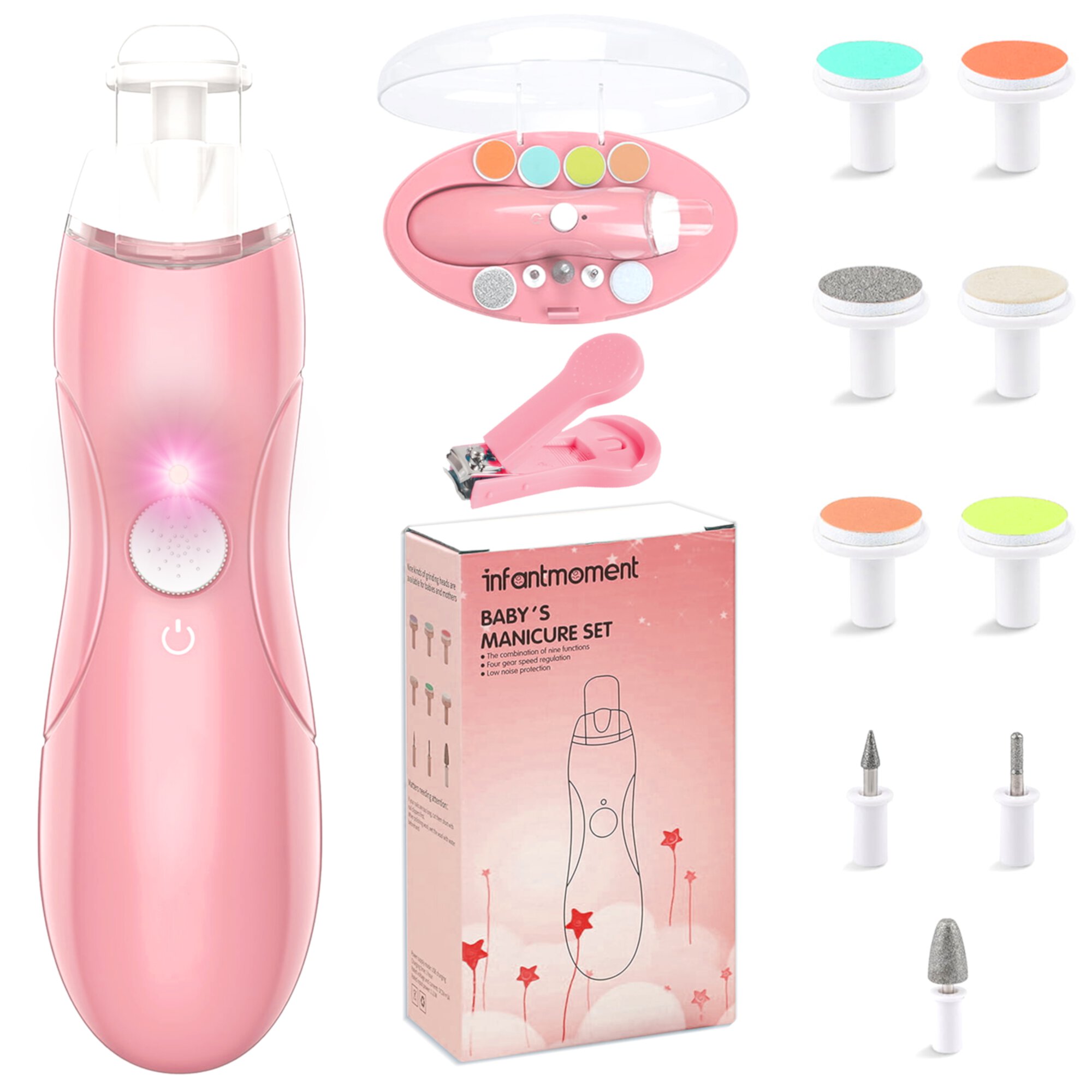 BUSATIA Charging Baby Nail Trimmer Electric Nail File Clippers with LED Light, 9 Grinding Heads-9 in 1 Safe Electric Baby Nail Trimmer, Baby Nail File Kit, Additional Replacement Heads,Pink Visit the BUSATIA Store