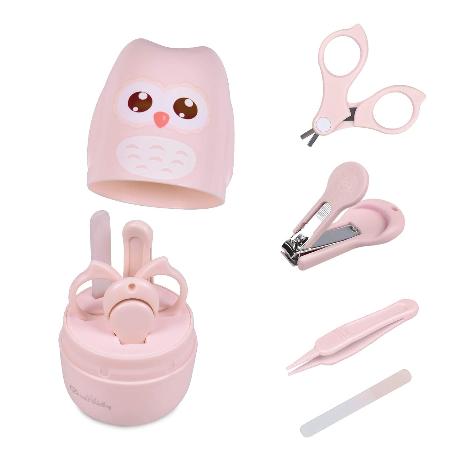 Baby Nail Kit, Baby Manicure Kit and Pedicure kit with Cute Owl Shape Case. Baby Nail Clipper, Scissor, Baby Nail File & Tweezer for Newborn, Infant & Toddler, Mothers Day(Pink) Gloval Baby