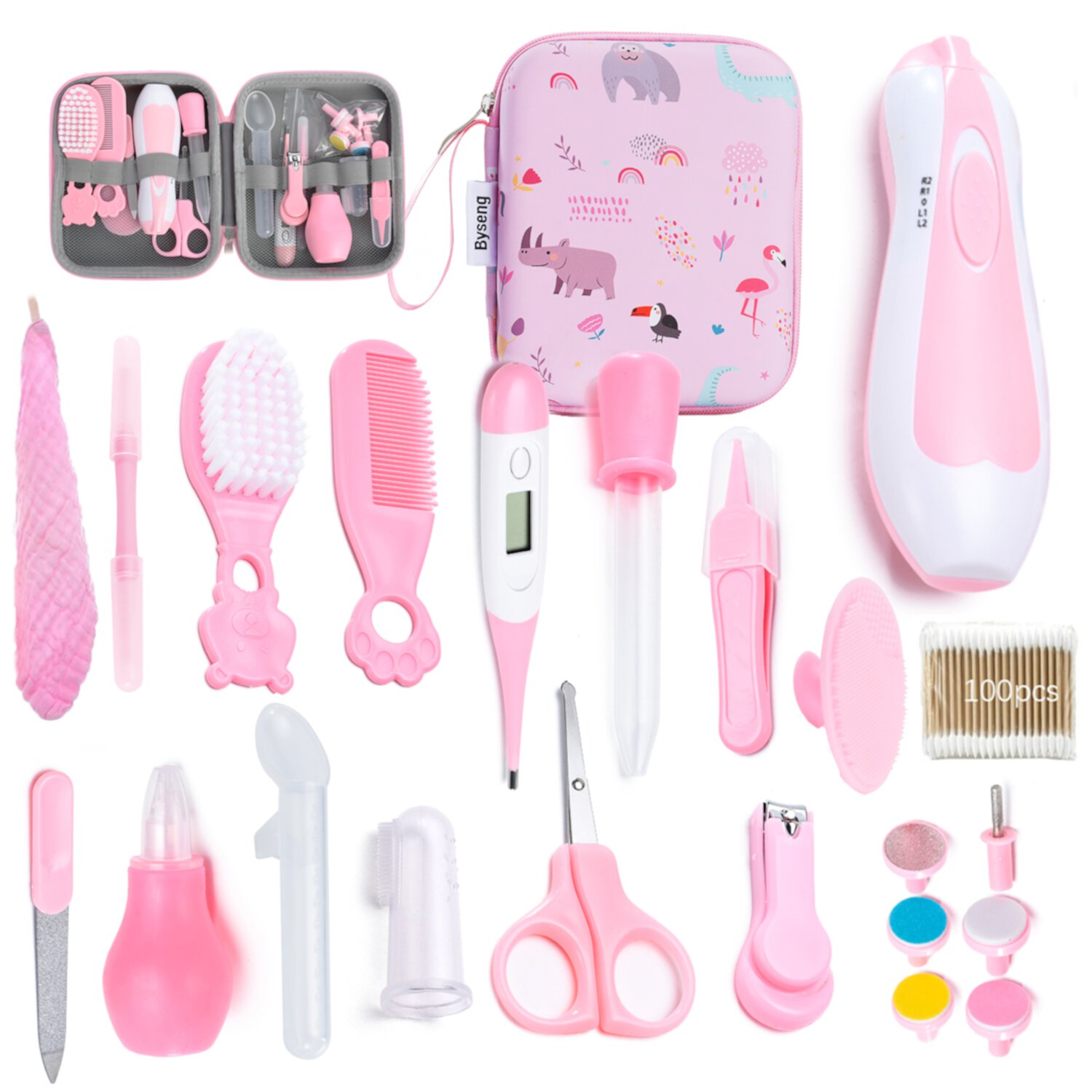 Byseng Baby Healthcare and Grooming Kit, 22 in 1 Safety Newborn Nursery Care Set with Electric Nail Trimmer for Newborn Infant Baby Girls Boys - Pink Byseng