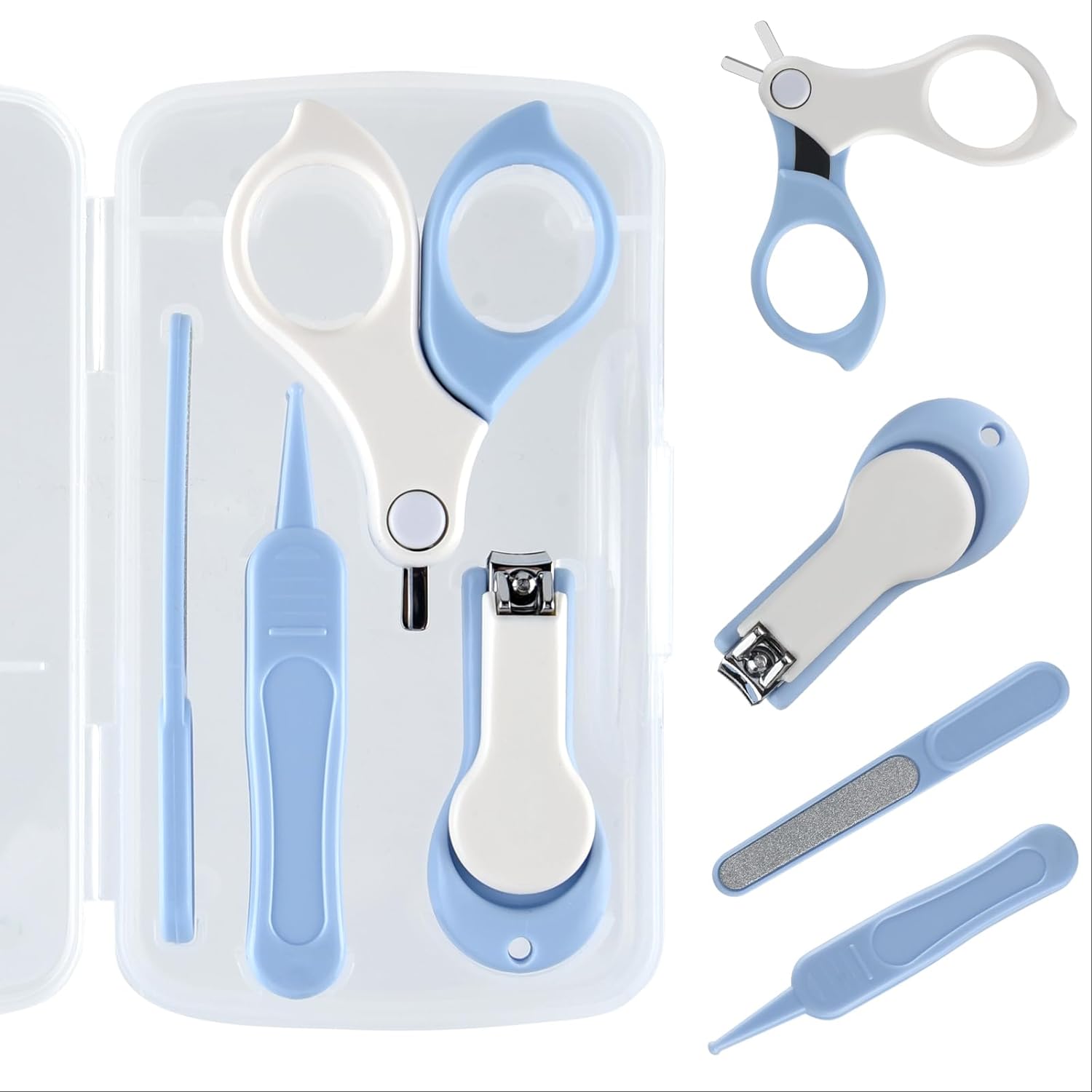 Baby Nail Kit, Baby Manicure Kit and Pedicure kit with Baby Nail Clipper, Scissor, Baby Nail File & Tweezer for Newborn, Infant & Toddler, Perfect for Mothers Day Gifts(Blue&White) Gloval Baby