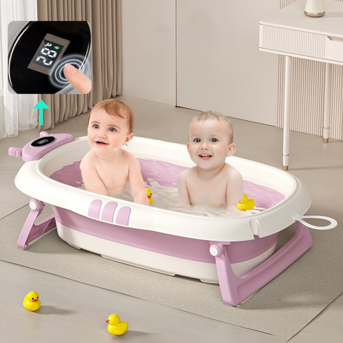 MONEHANE Collapsible Baby Bathtub for Infants to Toddler with Real-time Temp Monitor, Portable Travel Foldable Baby Bath Tub Set Applicable 0-36 Month,Purple MONEHANE