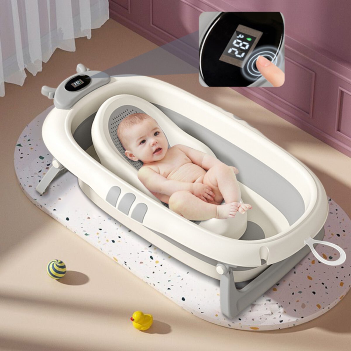 MONEHANE Collapsible Baby Bathtub for Infants to Toddler with Real-time Temp Monitor+Support Seat, Portable Travel Foldable Baby Bath Tub Set Applicable 0-36 Month,Gray MONEHANE