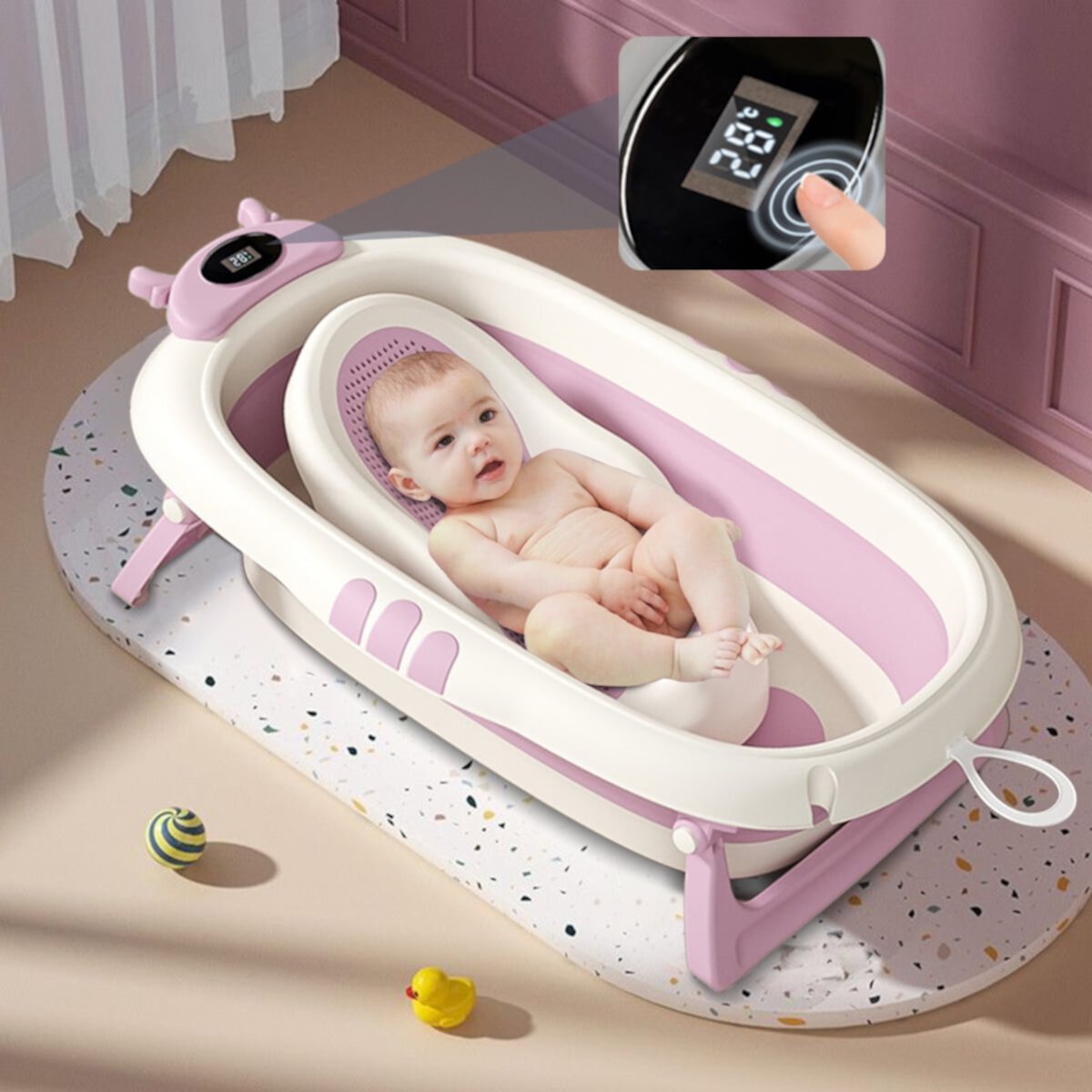 MONEHANE Collapsible Baby Bathtub for Infants to Toddler with Real-time Temp Monitor, Portable Travel Foldable Baby Bath Tub Set Applicable 0-36 Month,Gray MONEHANE