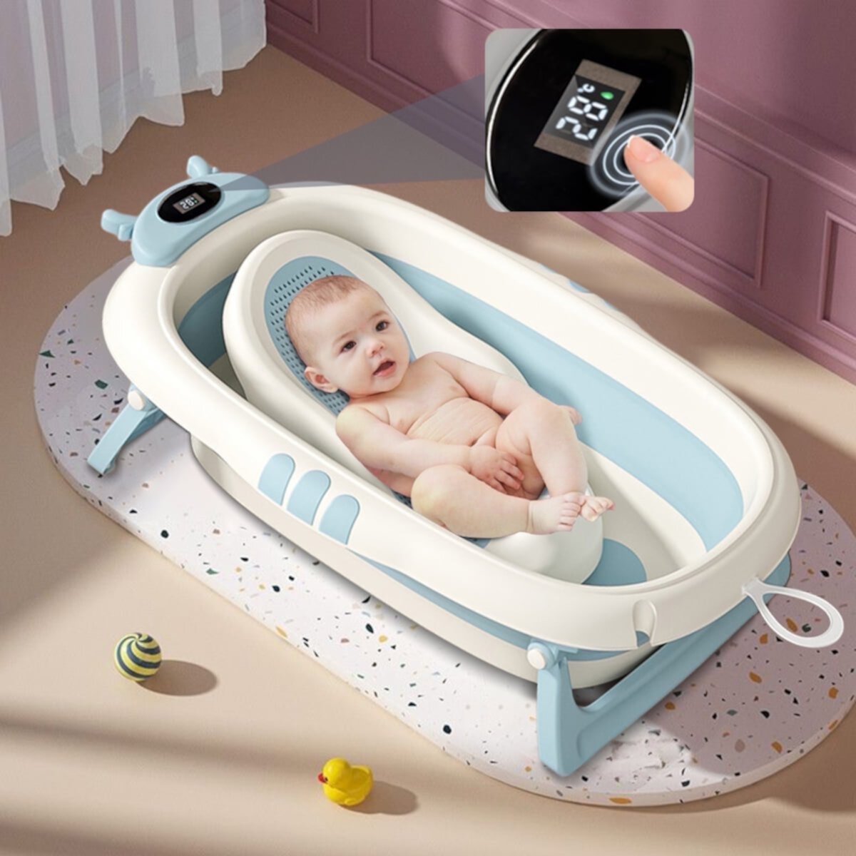 MONEHANE Collapsible Baby Bathtub for Infants to Toddler with Real-time Temp Monitor+Support Seat, Portable Travel Foldable Baby Bath Tub Set Applicable 0-36 Month,Blue MONEHANE