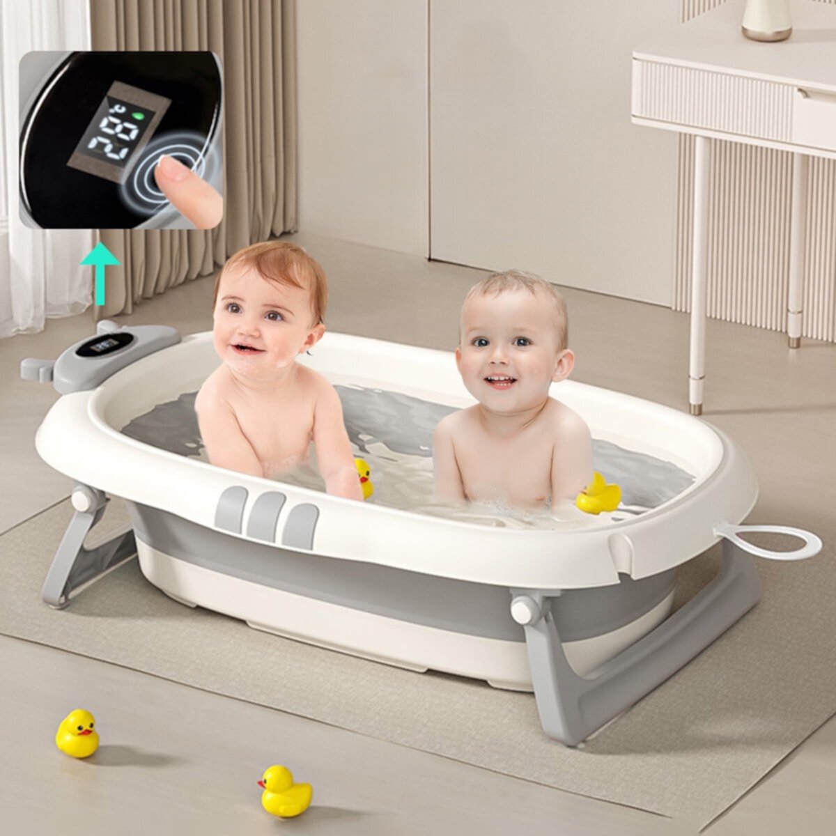 MONEHANE Collapsible Baby Bathtub for Infants to Toddler with Real-time Temp Monitor, Portable Travel Foldable Baby Bath Tub Set Applicable 0-36 Month,Gray MONEHANE