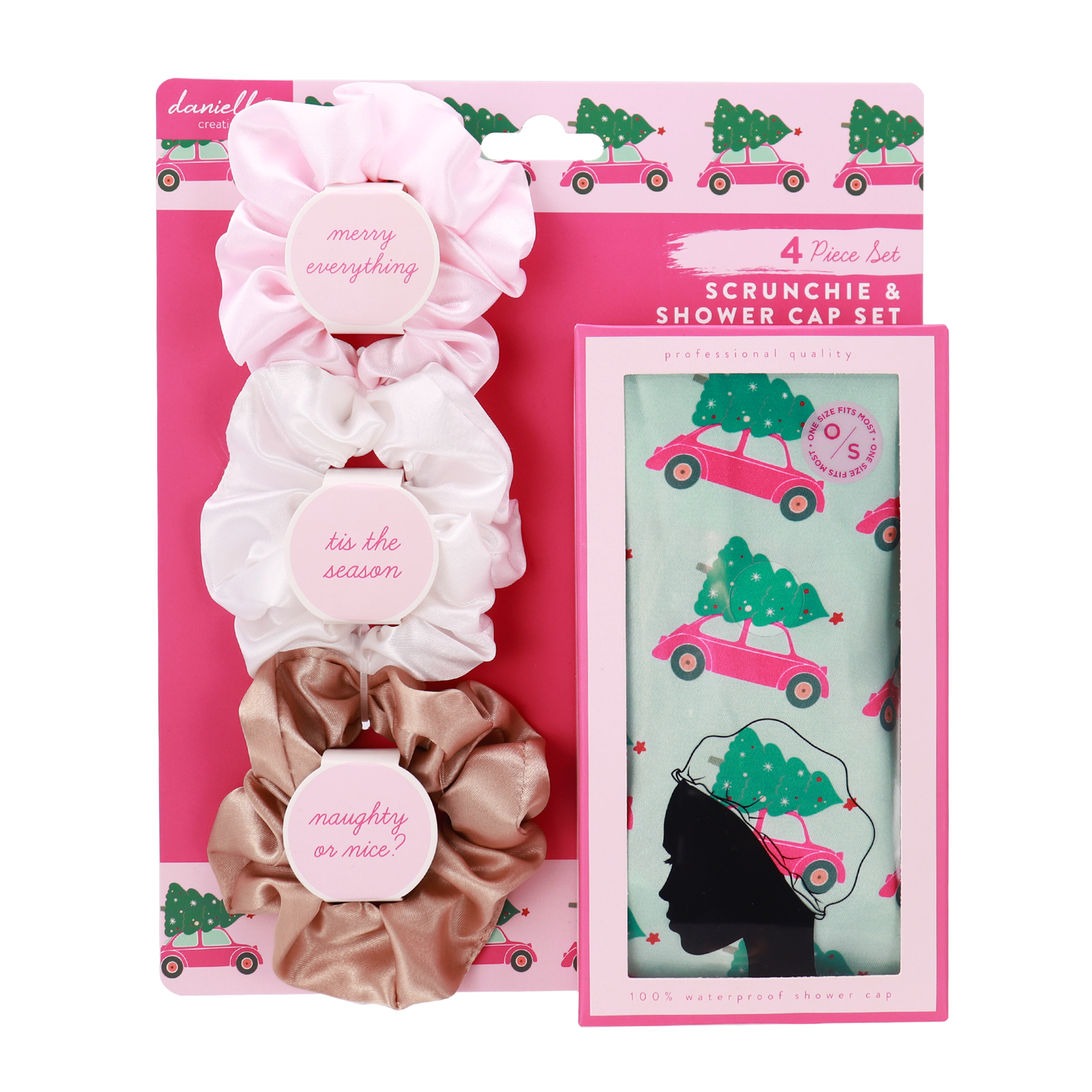 Danielle Creations Satin Scrunchie Hair Tie & Holiday Car Print Waterproof Shower Cap, 4pc Danielle Creations