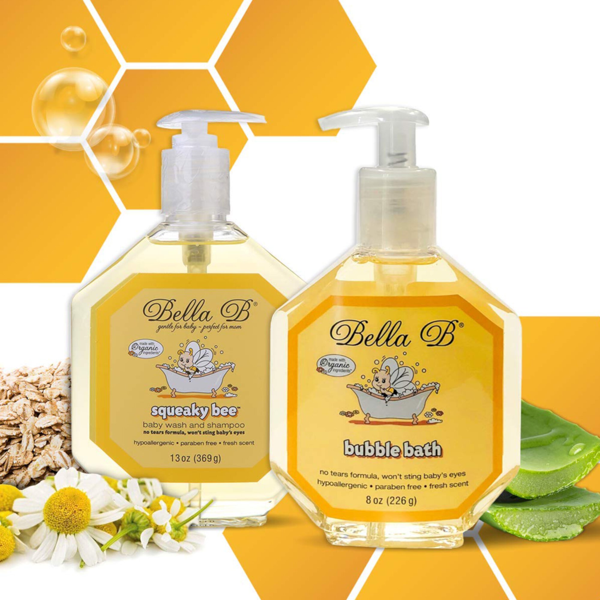 Bella B Bundle: Squeaky Bee Baby Wash & Shampoo 13 oz and Bubble Bath 8 oz Bella B