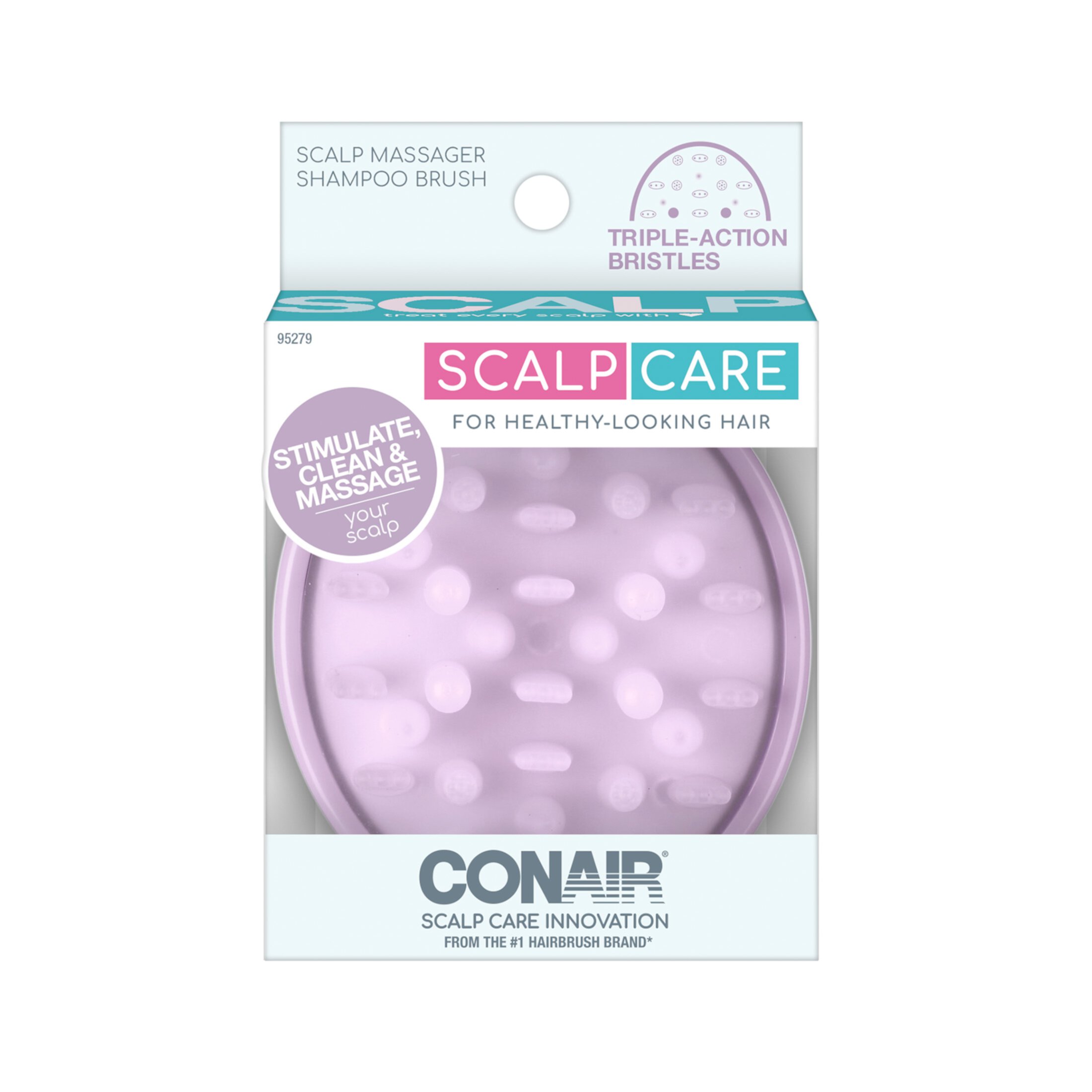 Conair Scalp Care Shampoo Massage Brush Triple Action Bristles, Purple, 1 Count Conair