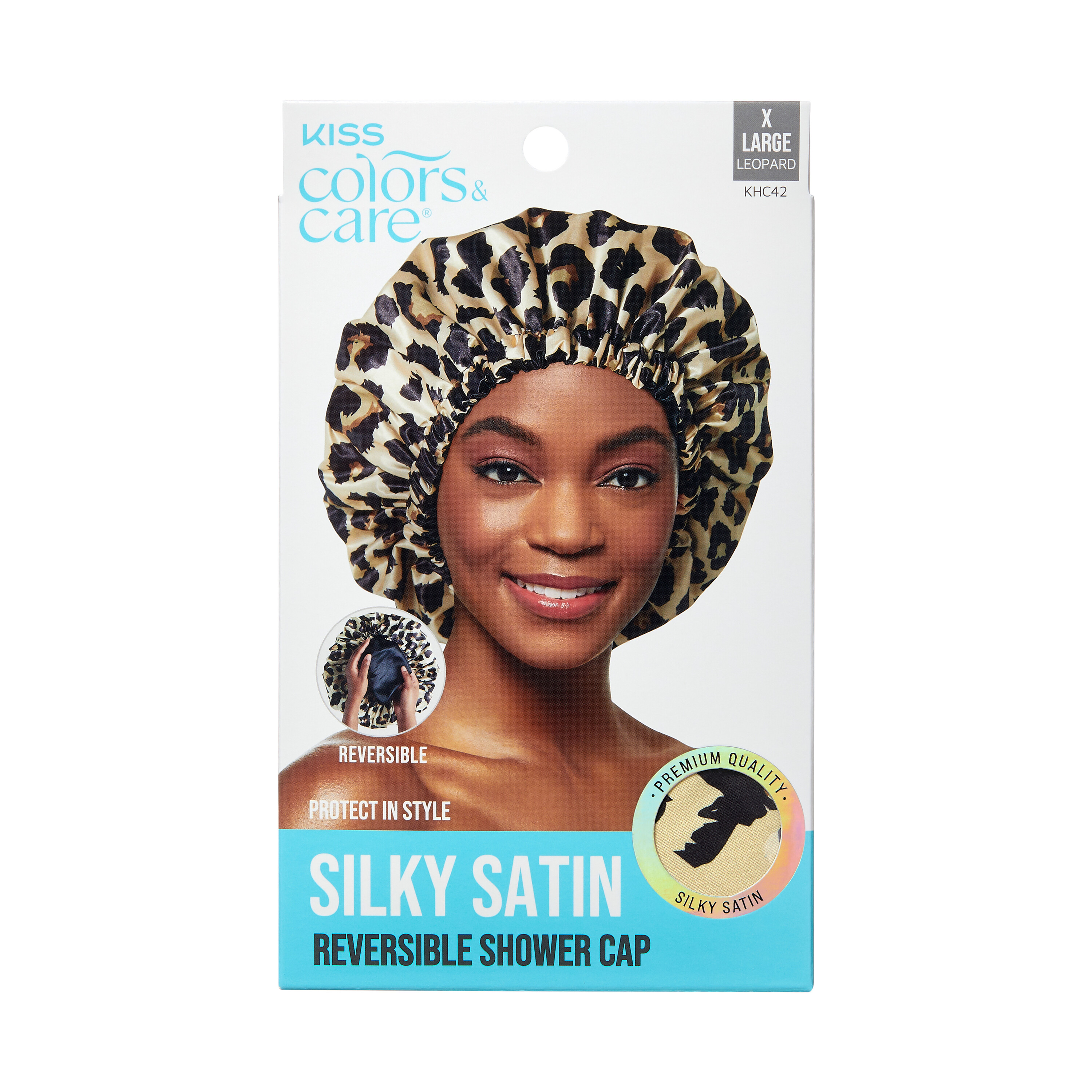 KISS Colors & Care Silky Satin Reversible Shower Cap, Leopard, X-Large (13.5”) KISS COLORS & CARE