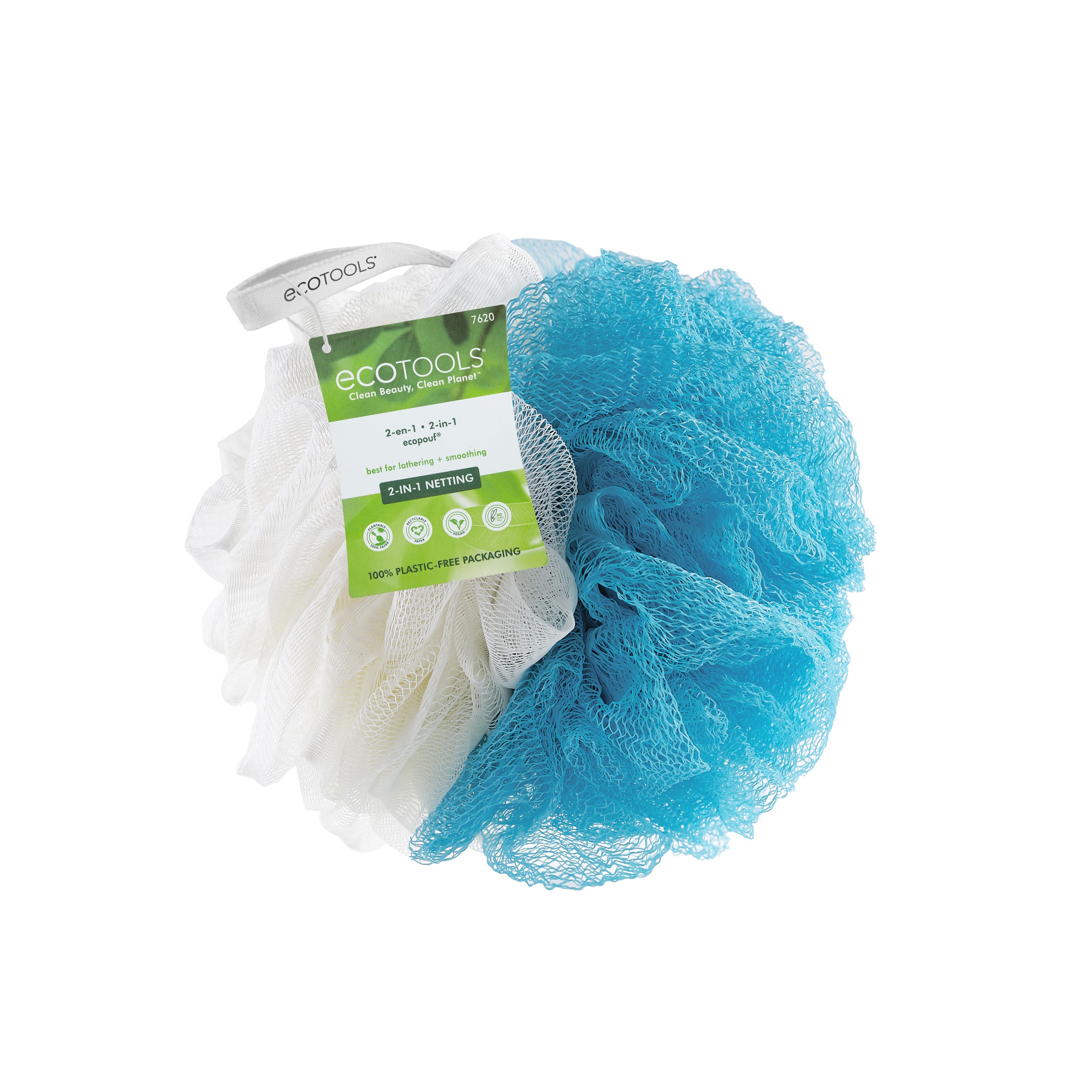 EcoTools 2-in-1 Bath Pouf, Body Cleansing Blue & Cream Loofah, for Adults,1 Count EcoTools