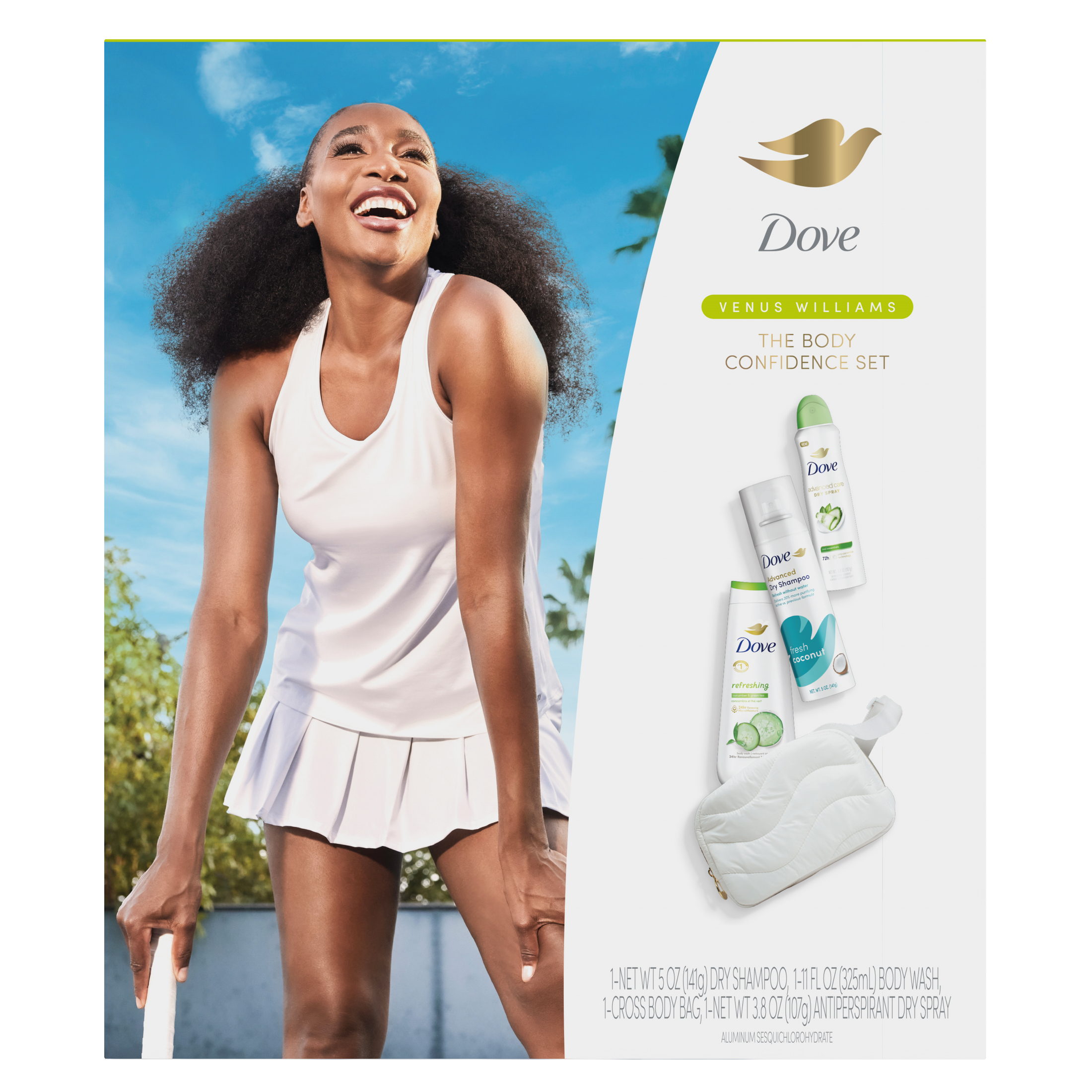 Dove & Venus Williams Gift Set Body Wash Antiperspirant Spray Dry Shampoo + Cross Body Bag, 4 Count Dove